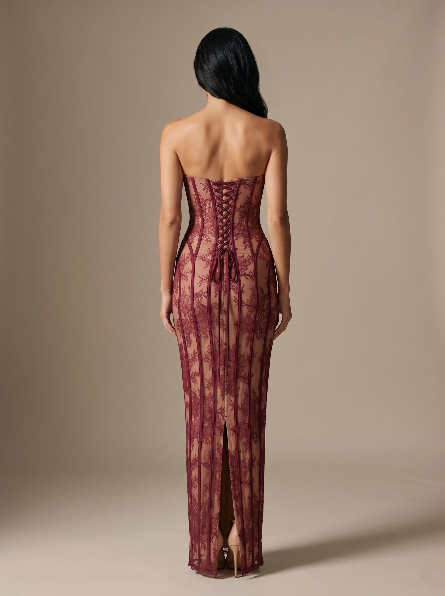 Vedress burgundy lace evening gown,back view corset crisscross lace‑up tie‑back,center back slit,sheer lace mermaid skirt,beige studio backdrop

