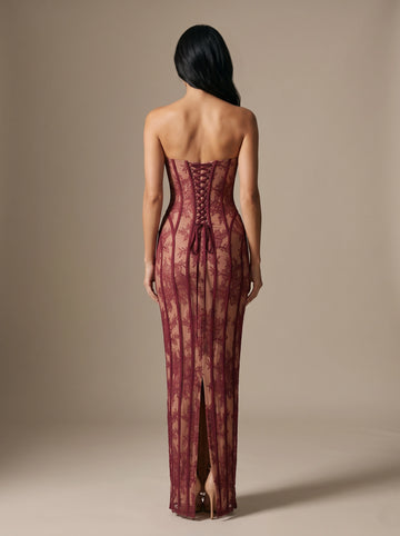 Vedress burgundy lace evening gown,back view corset crisscross lace‑up tie‑back,center back slit,sheer lace mermaid skirt,beige studio backdrop
