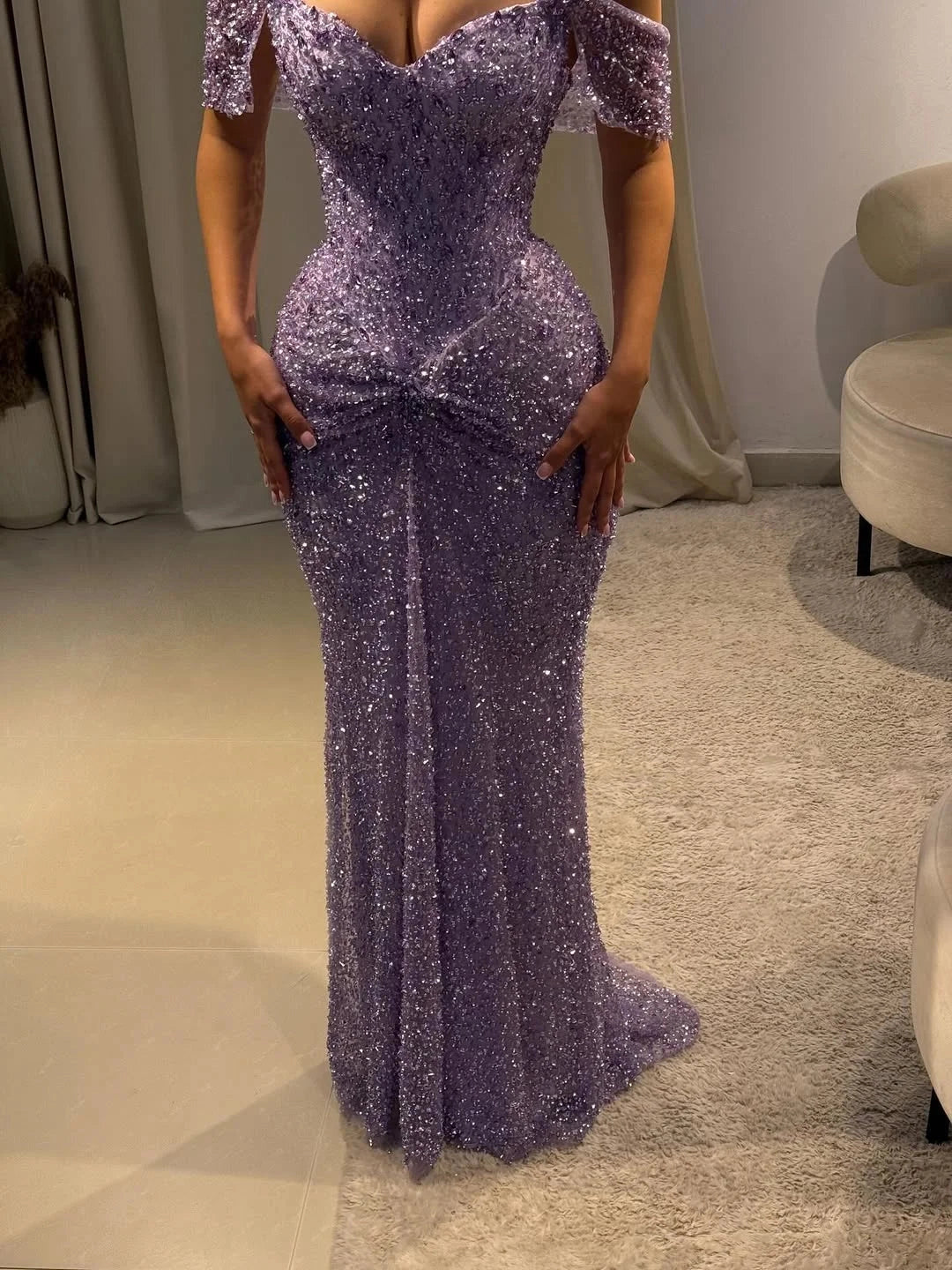 Glittery Mermaid Sweetheart Off‑Shoulder Open‑Back Long Prom Dress