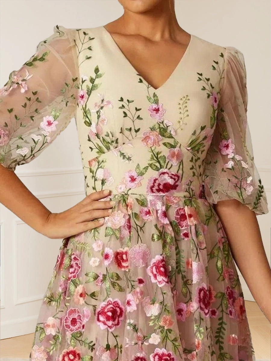 Elegant A Line V Neck Puff Sleeve Zipper‑Back Floor Length Mother Of The Bride Dress