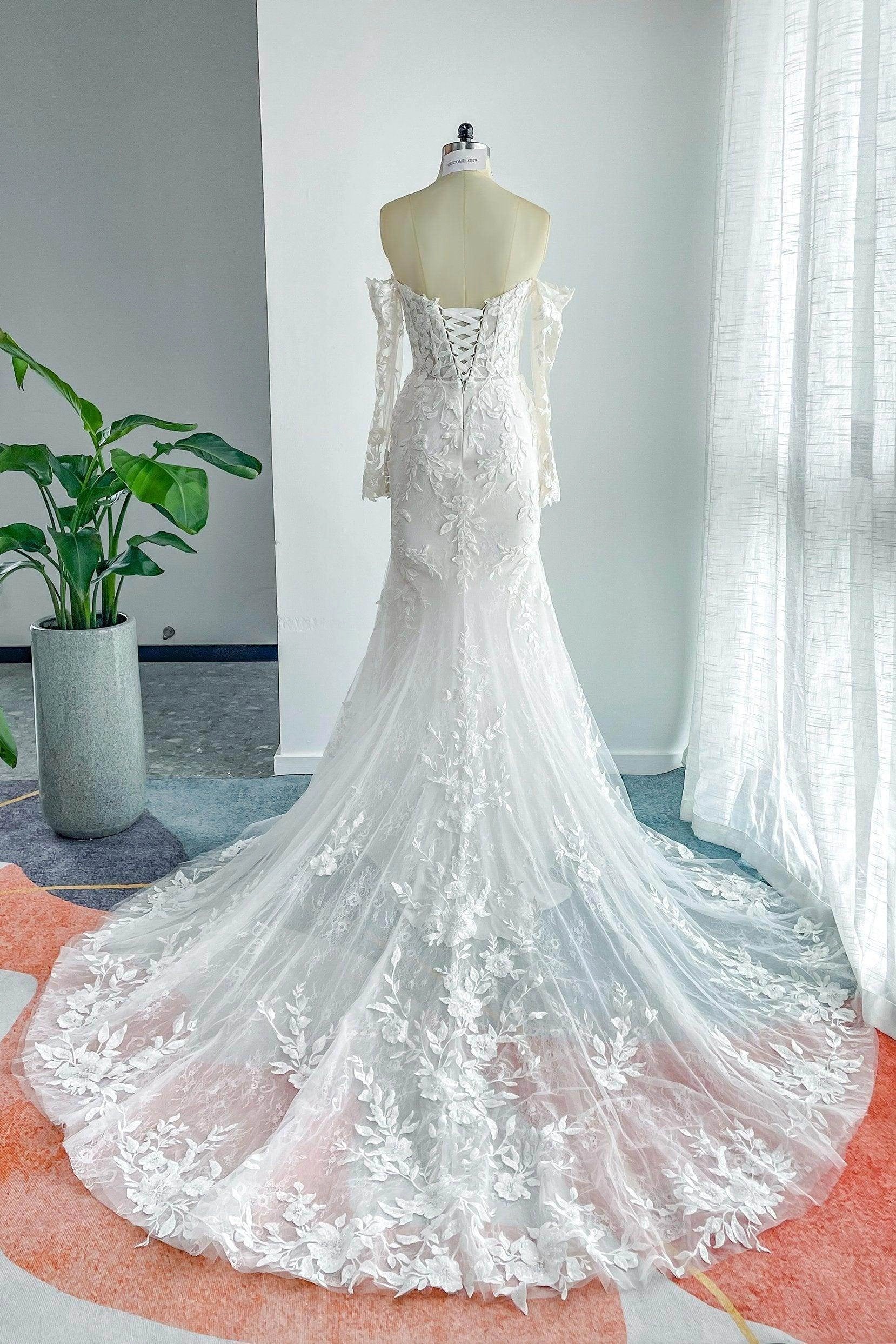 Romantic Mermaid Off Shoulder Long Sleeve Lace Up Train Destination Wedding Dress