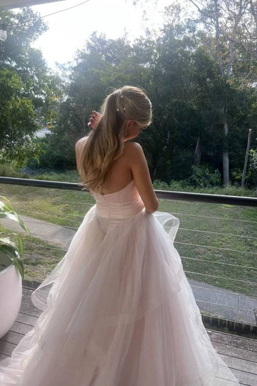 Back‑side shot Vedress hidden zipper‑up closed‑back blush tulle ball gown formal prom dress