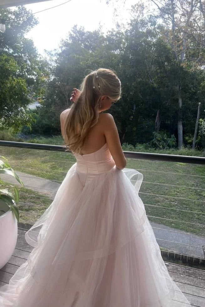 Back‑side shot Vedress hidden zipper‑up closed‑back blush tulle ball gown formal prom dress