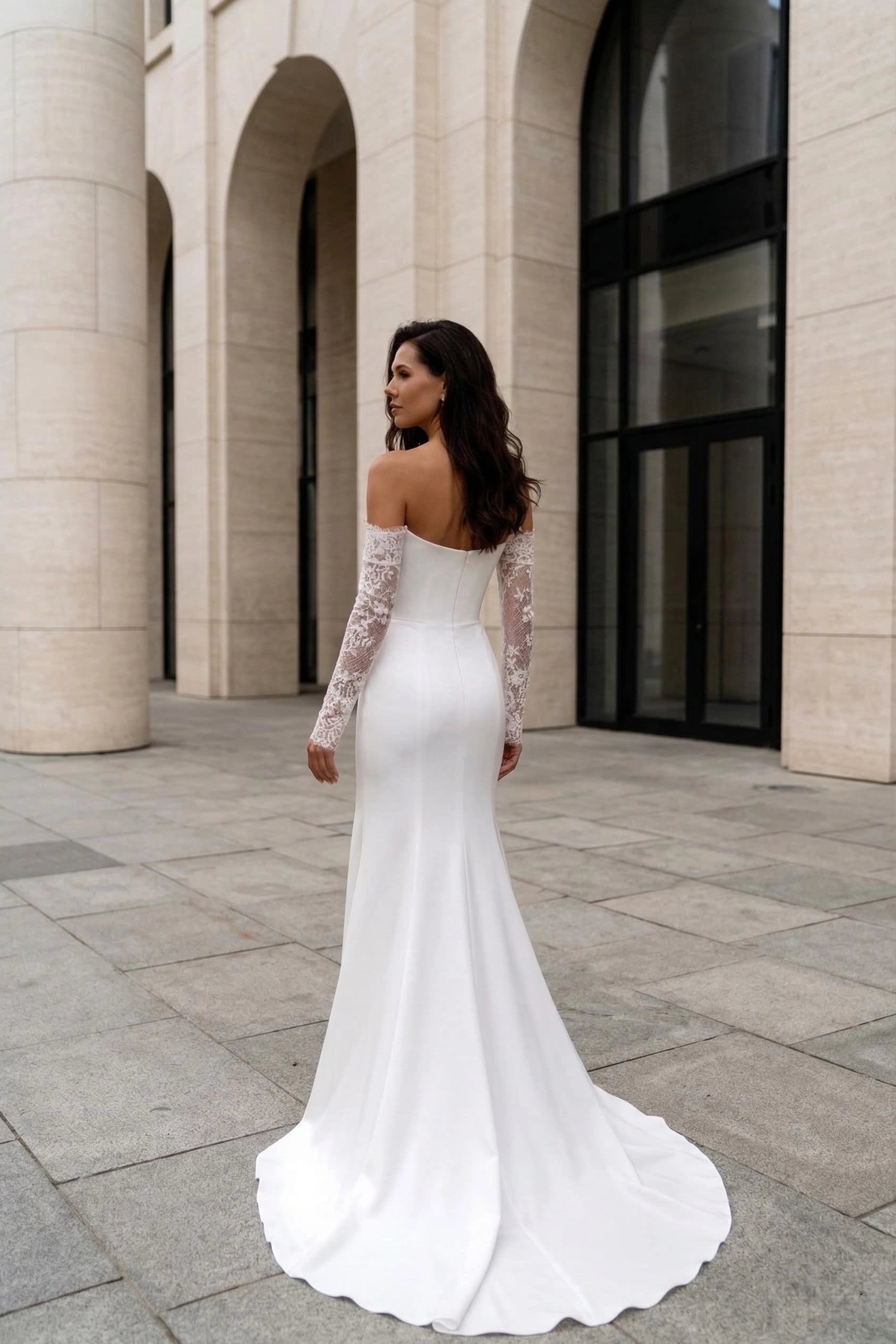 Minimalist Mermaid Off Shoulder Detachable Sleeve Zipper Back Train Wedding Dress