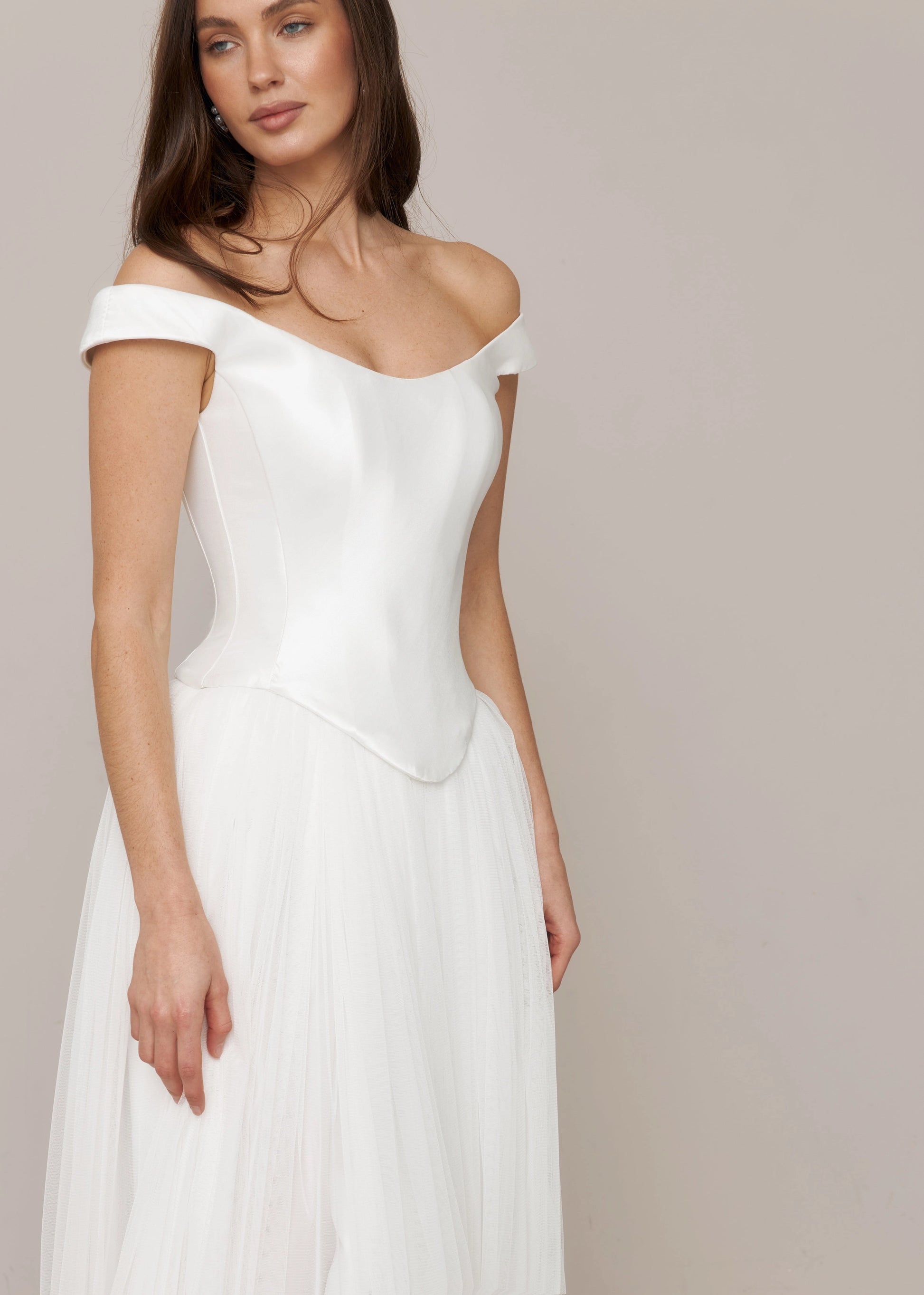 Minimalist A-line Off-shoulder Cap Sleeve Corset Back Floor-length Wedding Dress