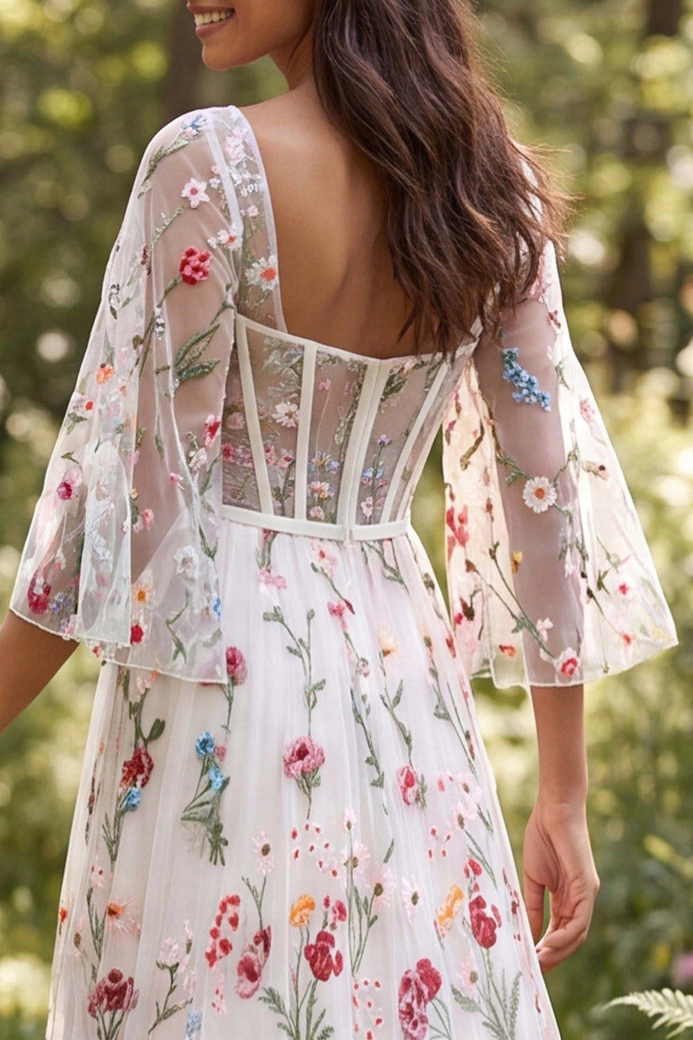 Whimsical A-line Square Neck Flare Sleeve Open Back Slit Train Bridesmaid Dress