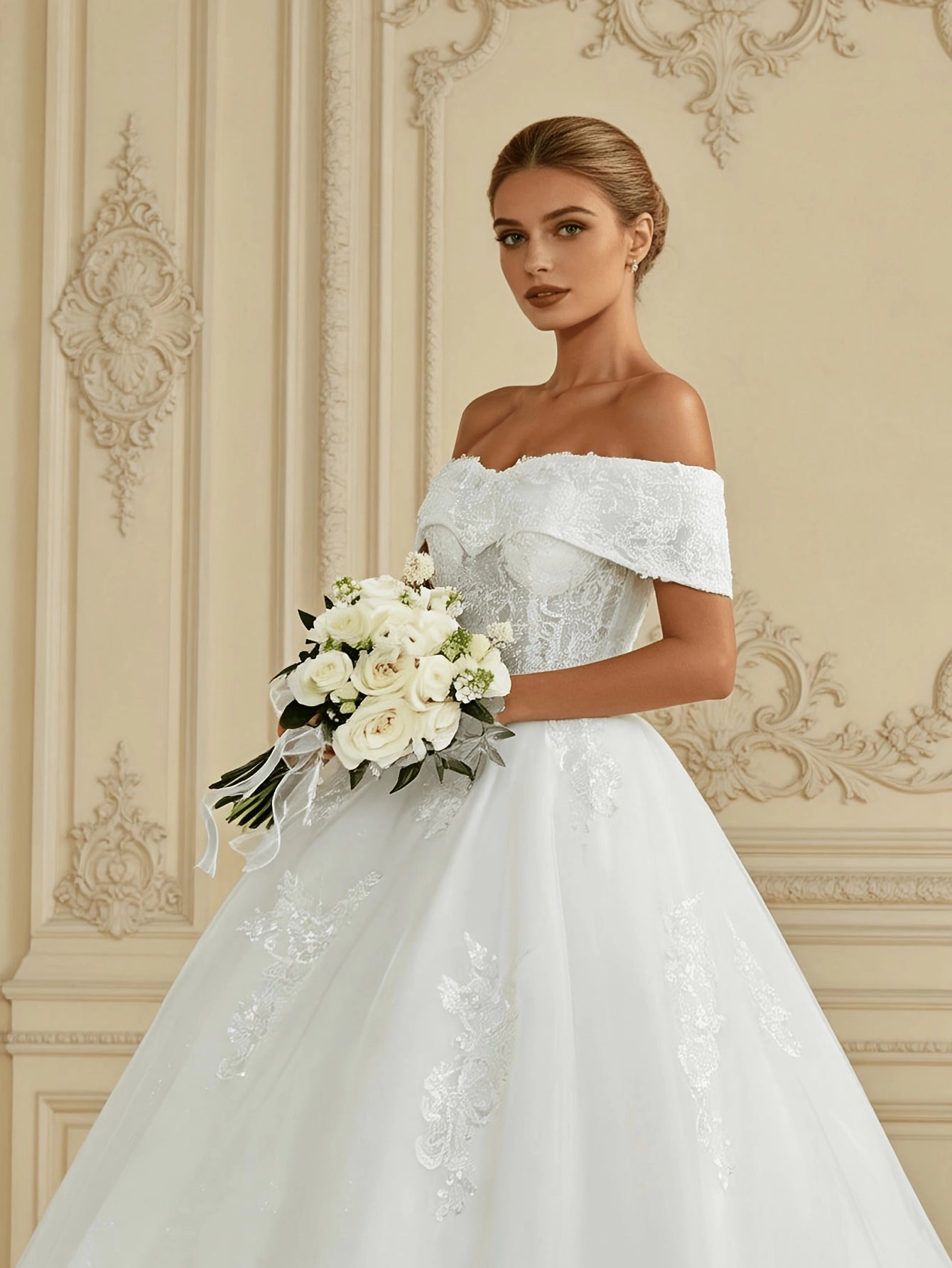 Romantic Ballgown Off Shoulder Short Sleeve Lace Up Back Cathedral Train Bridal Wedding Dress