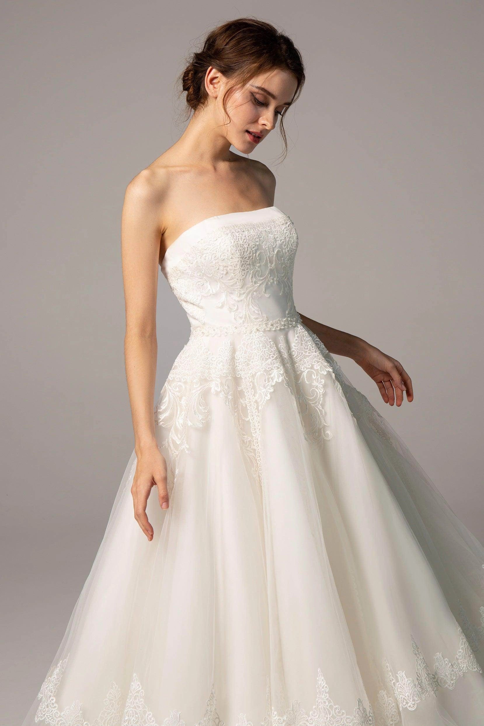 Vedress Vintage Strapless Lace Tea Length Midi Wedding Dress A Line Plain Back