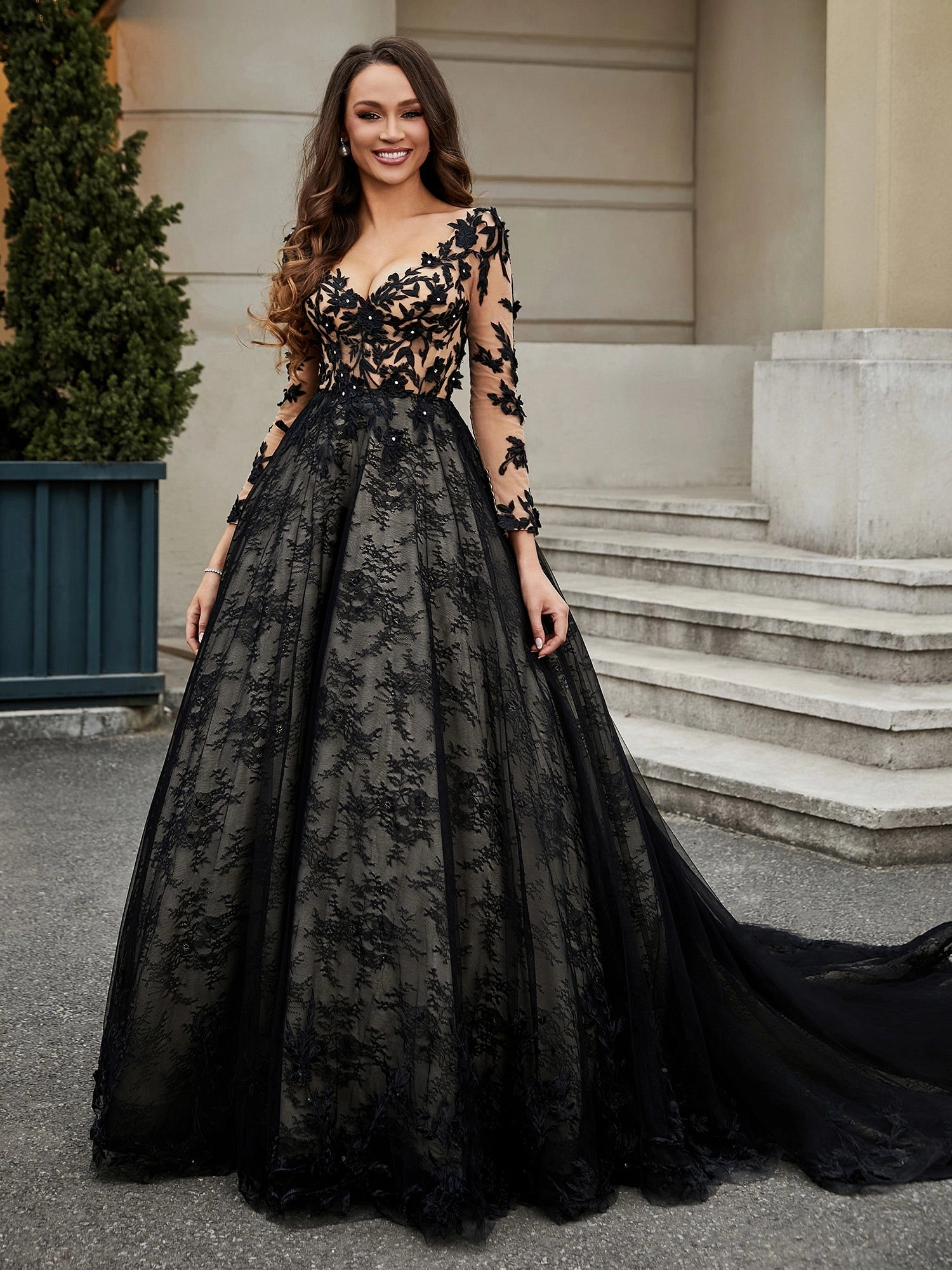 Gothic A-Line Long Sleeve Zip Back Black Lace Wedding Dress With Cathedral Train