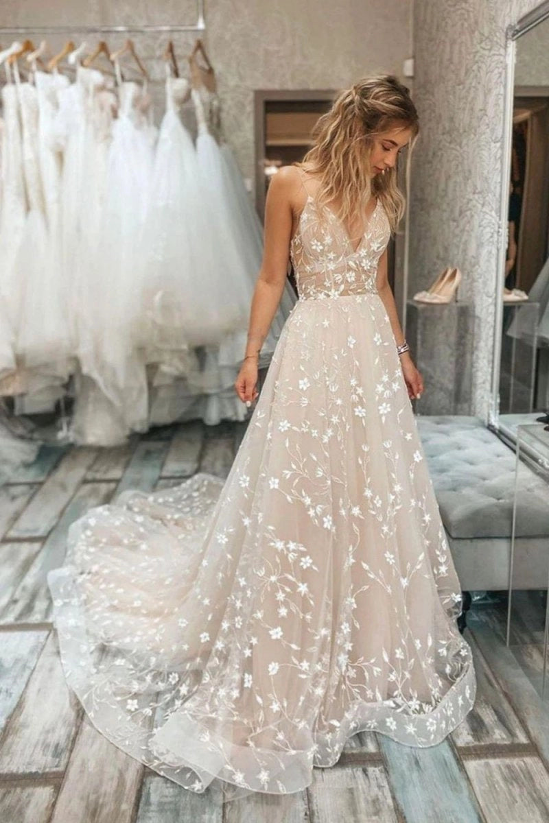 Romantic A-Line V Neck Sleeveless Low Open Back Train Wedding Bridesmaid Dress