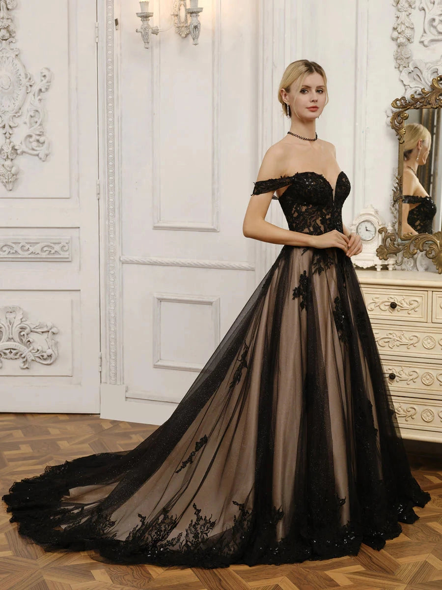 Black Lace Sparkly A-Line Sweetheart Off Shoulder Corset Lace-Up Train Prom Gown