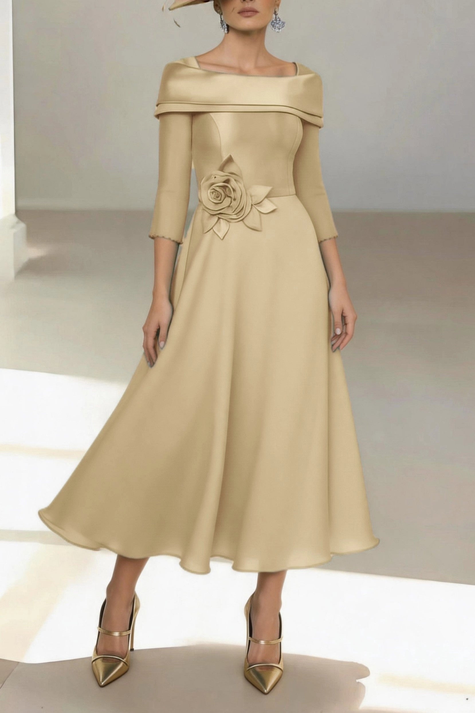 Vintage A-Line Off Shoulder 3/4 Sleeve Zip Back Midi Mother Of The Bride Dress
