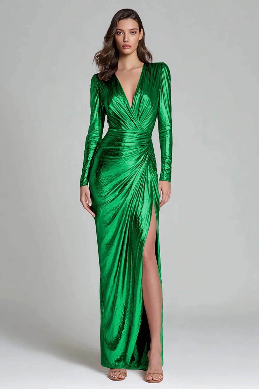 Chic Mermaid Surplice Long‑Sleeve Closed‑Back Floor‑Length Prom Evening Dress