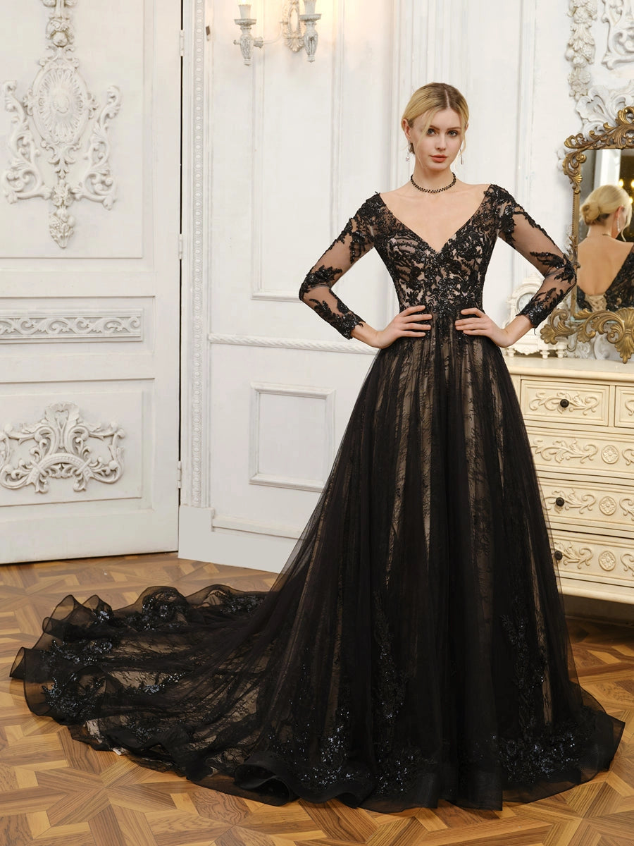 Elegant A Line Deep V Long Sleeve Low Back Court Train Wedding Dress