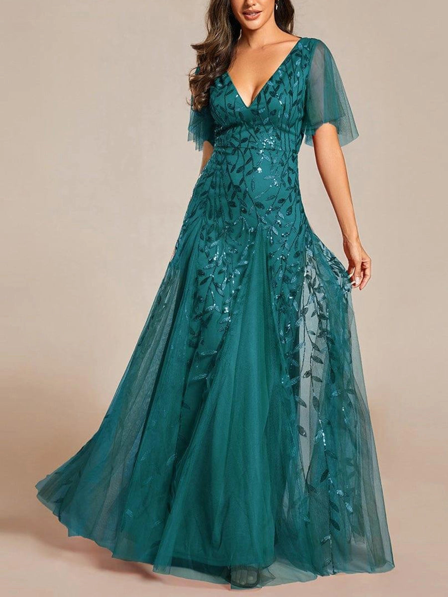 Navy A‑Line V‑Neck Flutter Sleeve V‑Back Long Mother of the Bride Dress