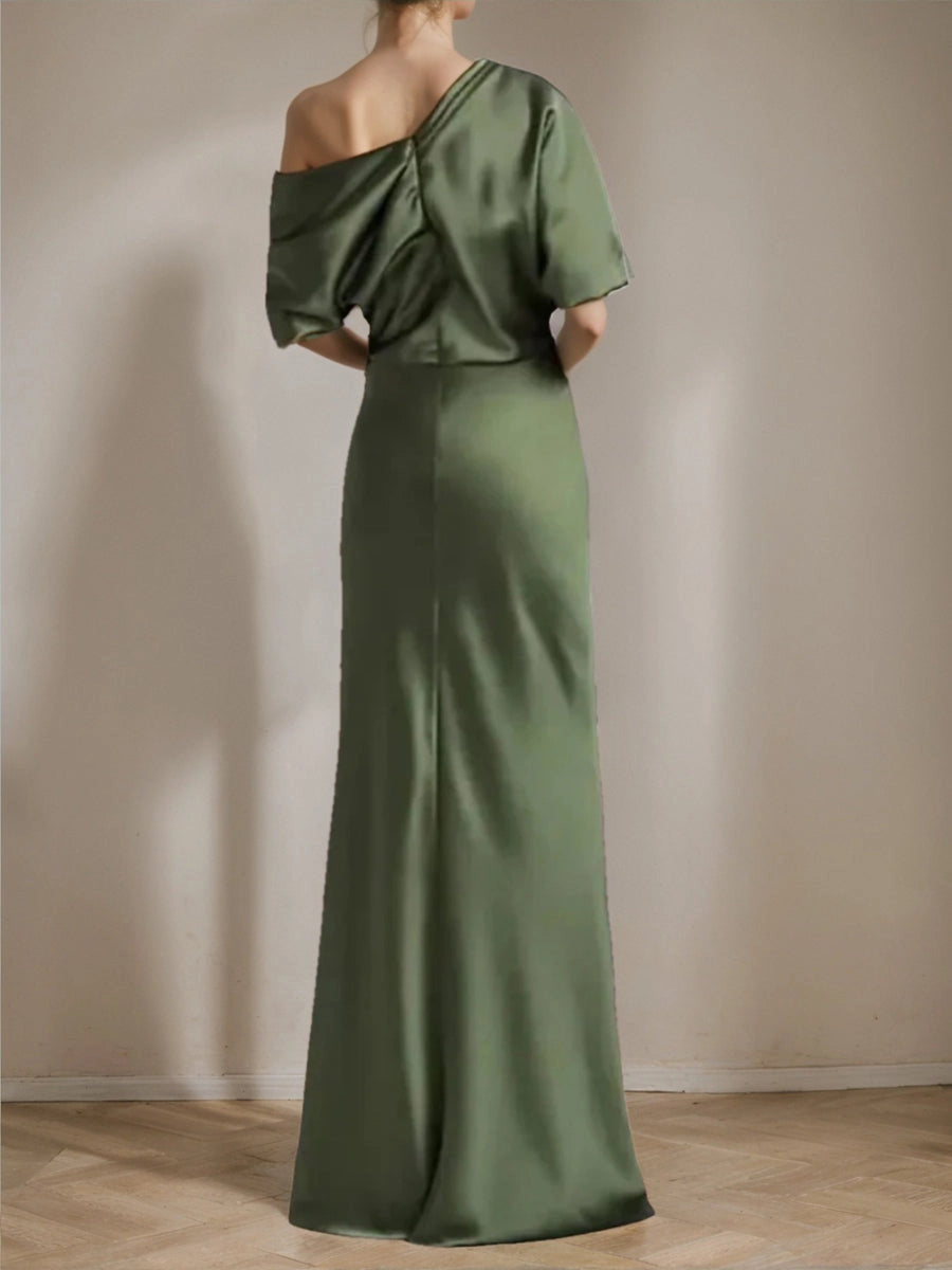 Luxury Mermaid One‑Shoulder Short‑Sleeve Open‑Back Floor‑Length Mother Of The Bride Dress