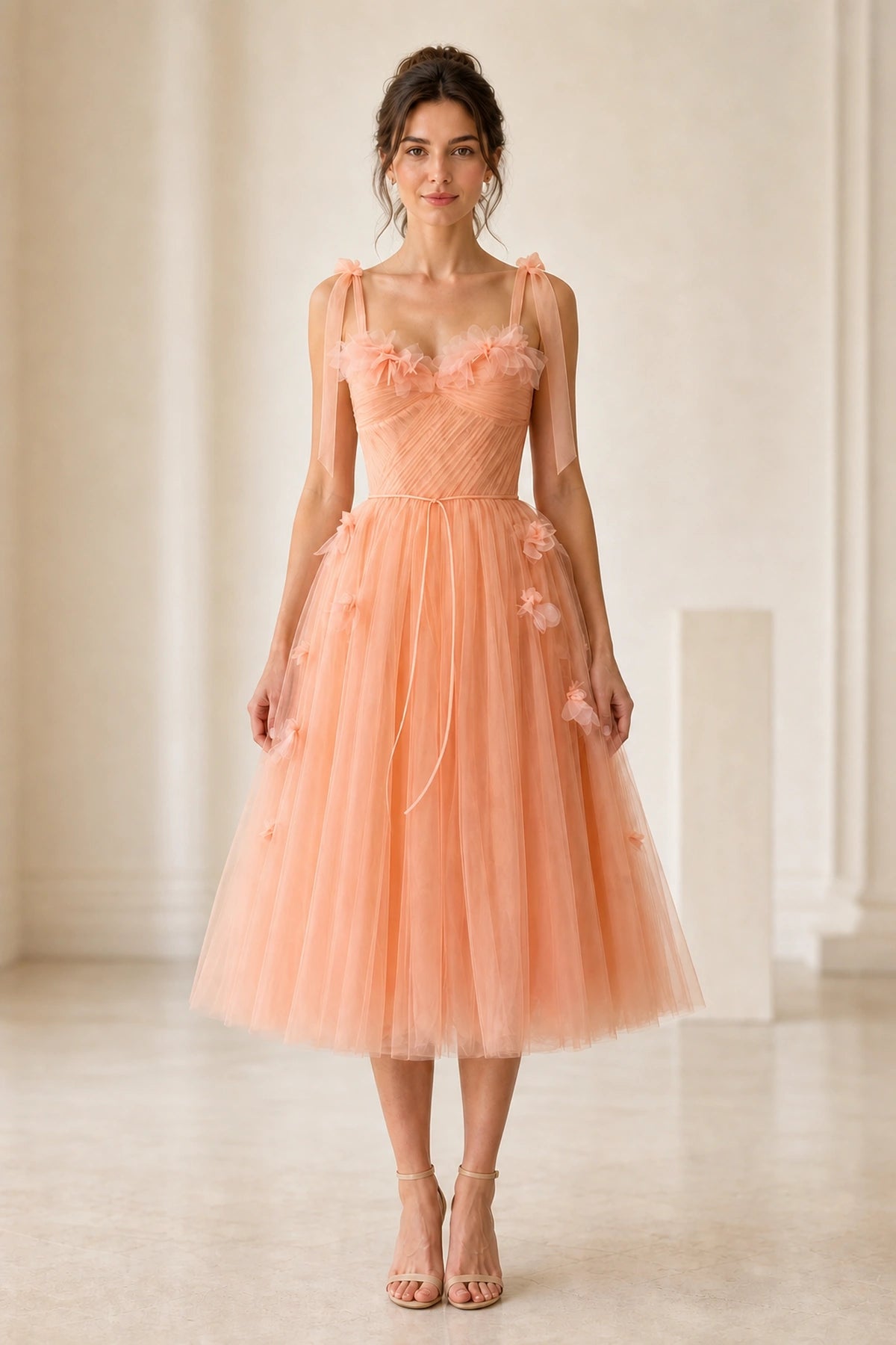 Peach A-line Spaghetti Strap Sleeveless Lace-up Back Midi Prom Dress