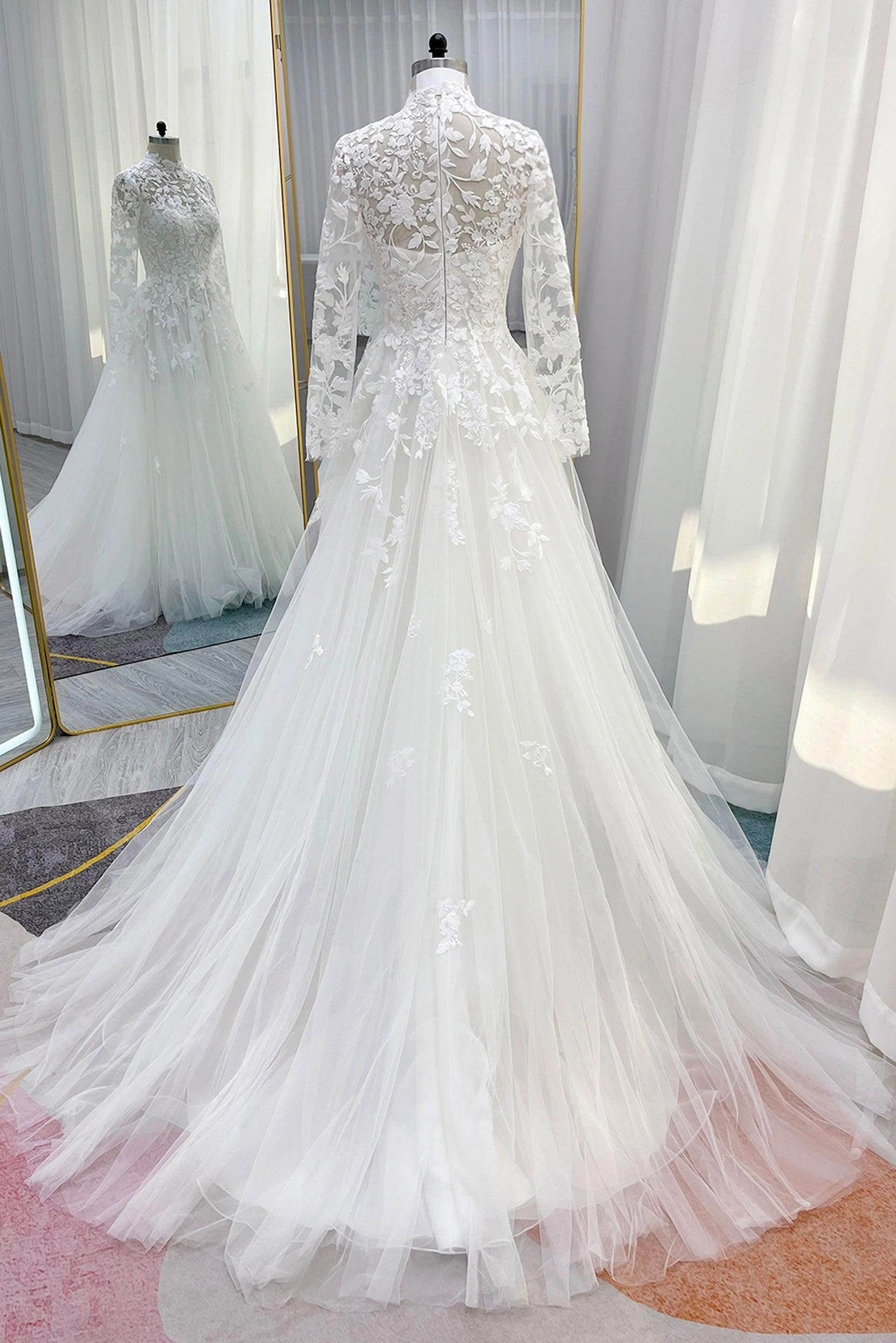 Vintage A line High Neck Long Sleeve Zipper Back Train Modest Wedding Dress