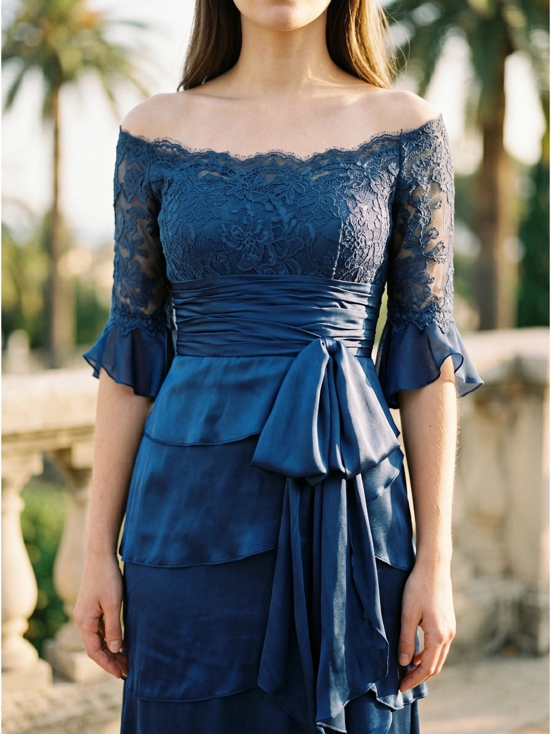 Modest A‑Line Off‑The‑Shoulder Flare‑Sleeve Zip‑Back Long Mother Of The Bride Dress