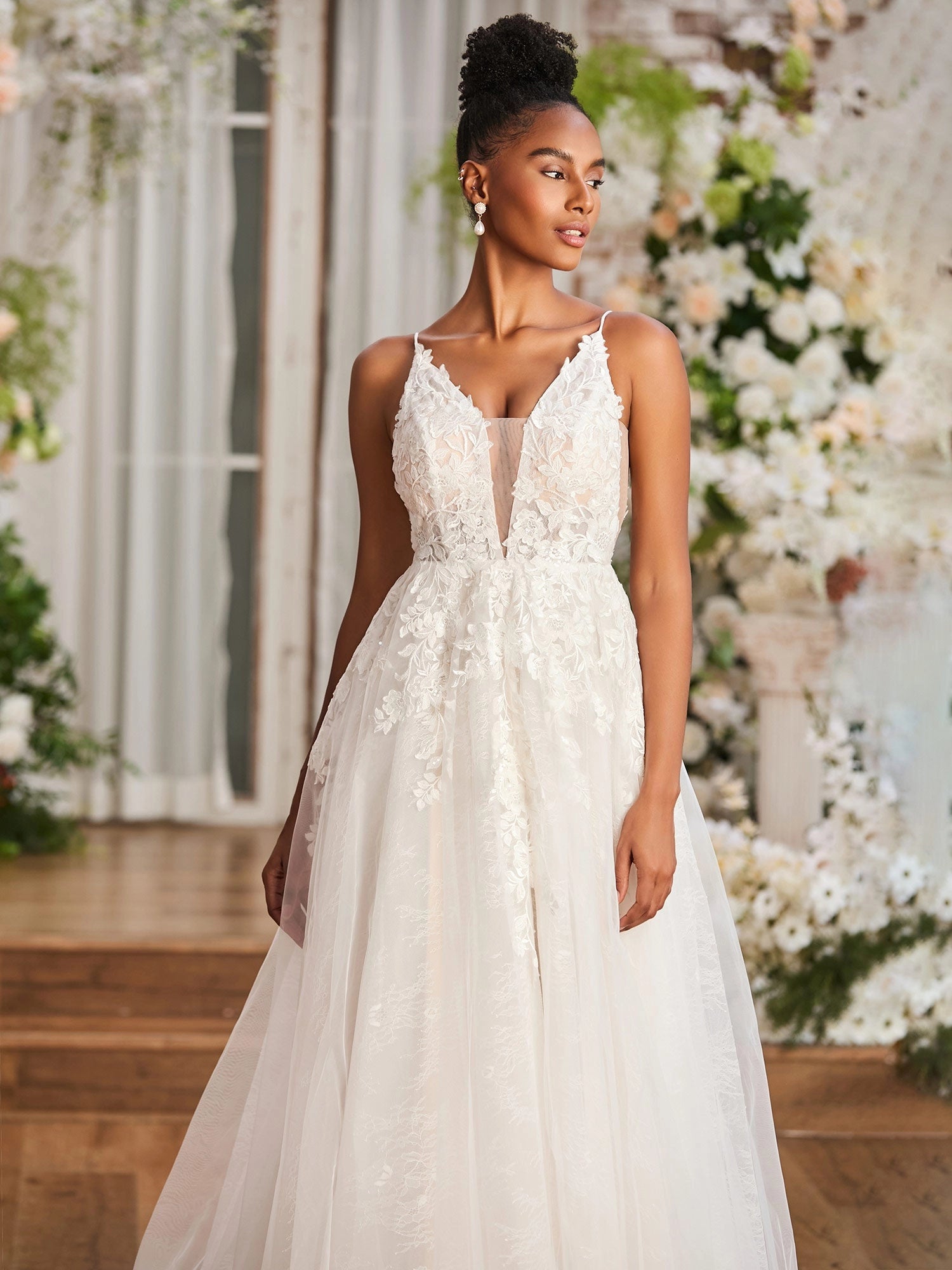 Romantic A-Line Deep V Spaghetti Strap Low Back Train Wedding Dress