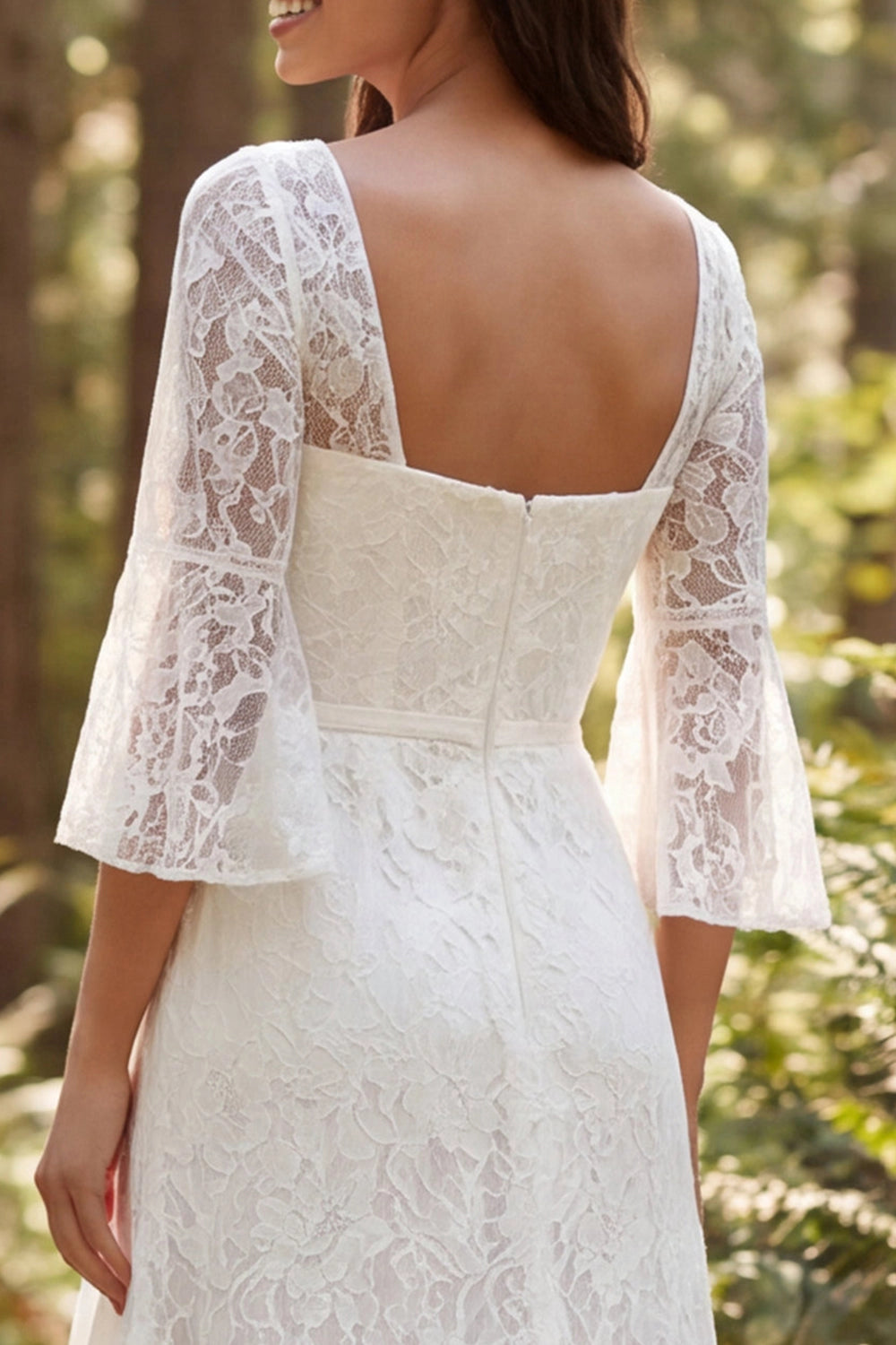 Bohemian Mermaid Square Neck Bell Sleeve Low Back Slit Train Wedding Dress