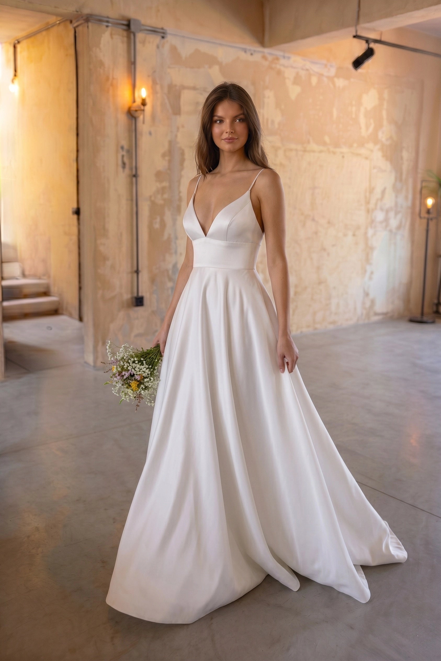Luxury A-Line Deep V Spaghetti Strap Open Back Sweep Train Bridal Wedding Dress