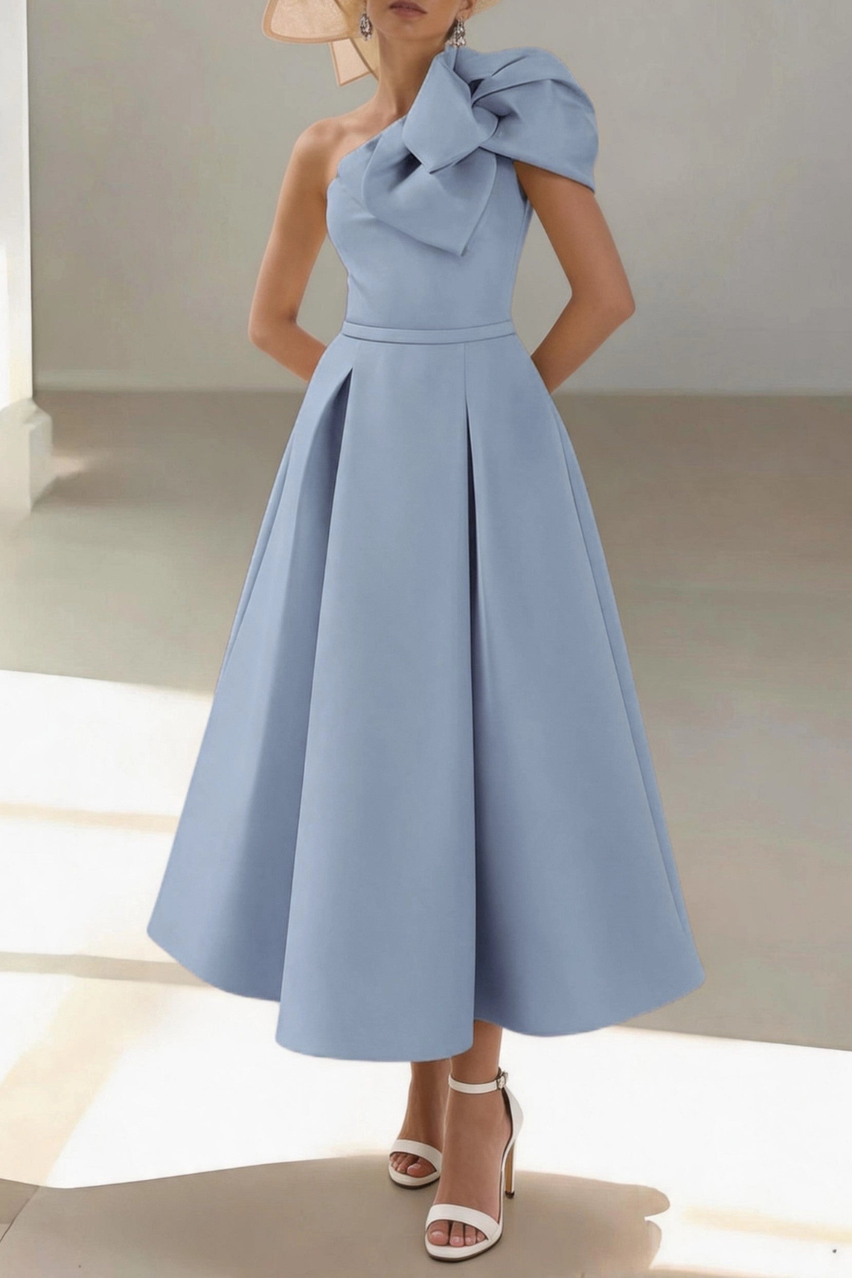 Elegant A-Line One Shoulder Sleeveless Zip Back Midi Mother Of The Bride Dress