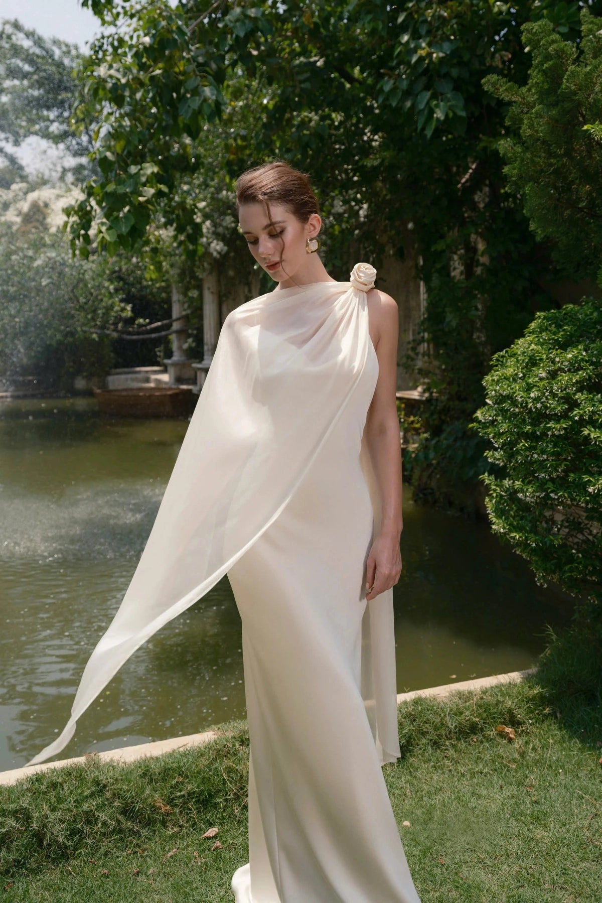 Elegant Sheath One‑Shoulder Sleeveless Cross‑Back Floor‑Length Wedding Dress