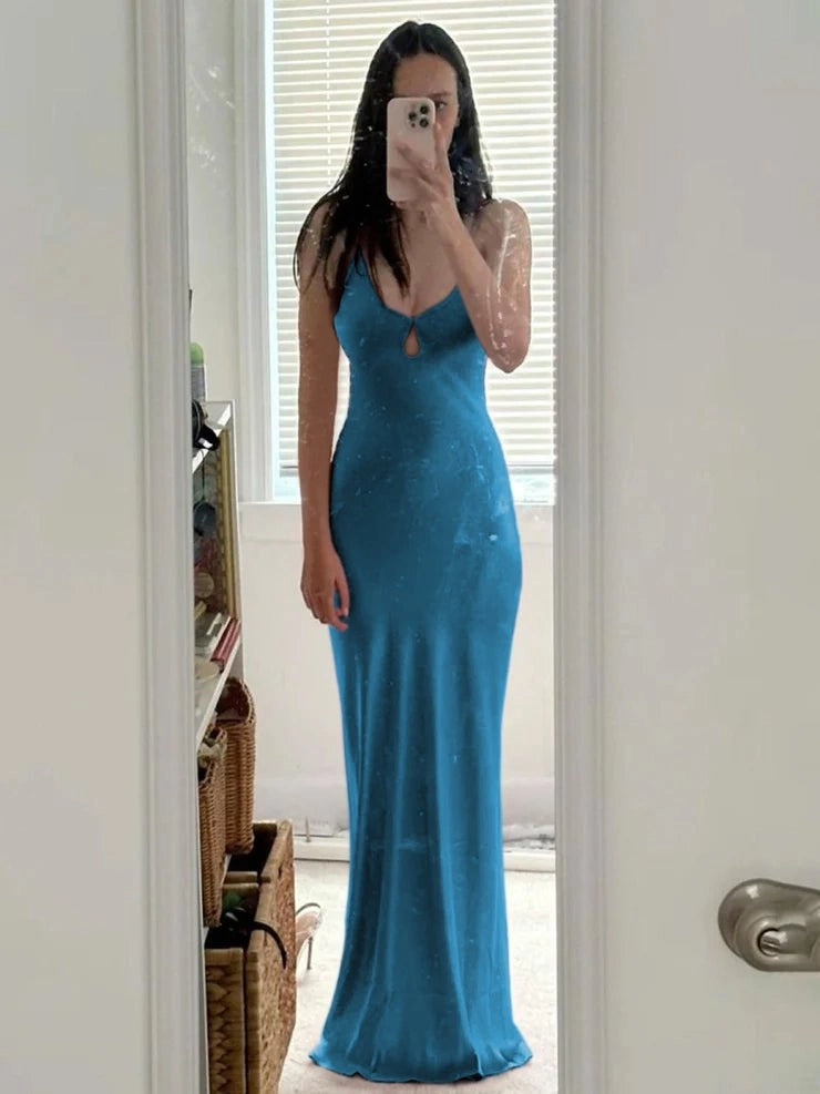 Sleek Slip V‑Neck Spaghetti‑Strap Tie‑Back Long Prom Dress