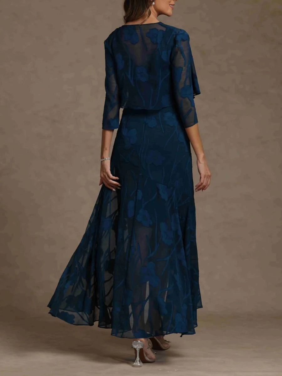 Plum A‑Line V‑Back Floral Chiffon Two‑Piece Mother of the Bride Dress