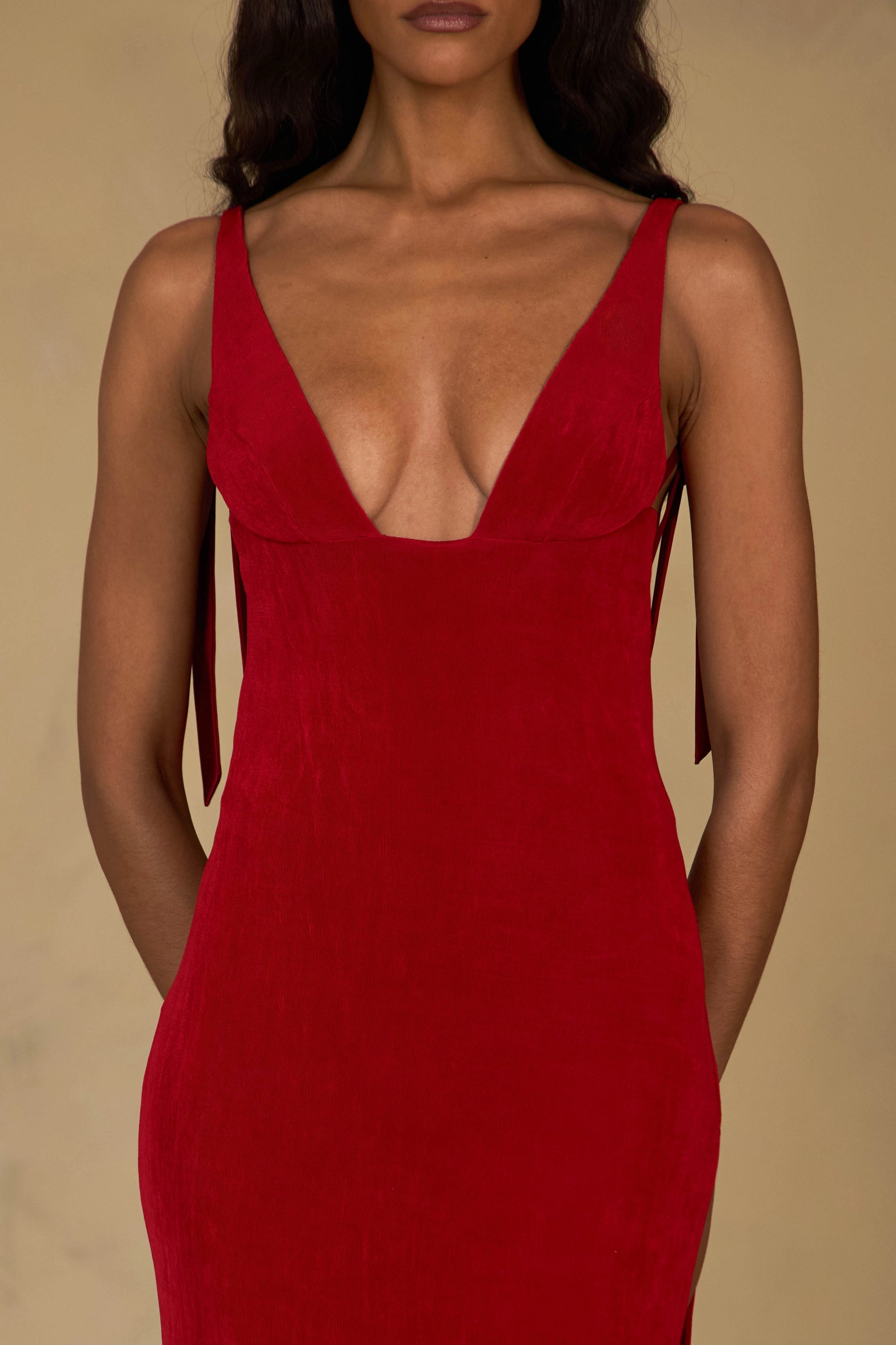 Red Velvet Mermaid Deep V‑Neck Spaghetti Strap Bow‑Tie Open‑Back Slit Floor‑Length Prom Dress