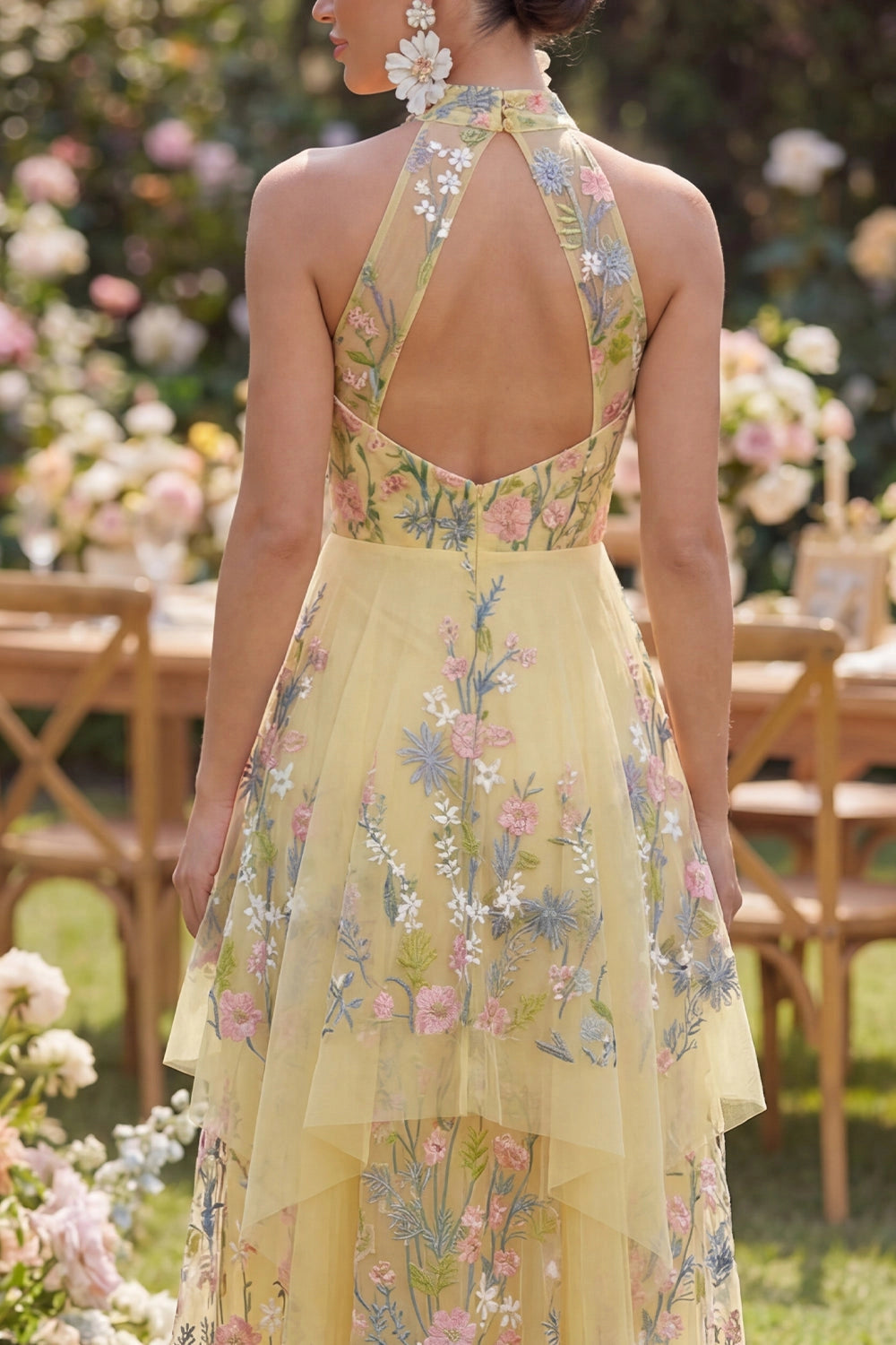 Yellow Floral Midi Halter Keyhole Back High Low Prom Dress