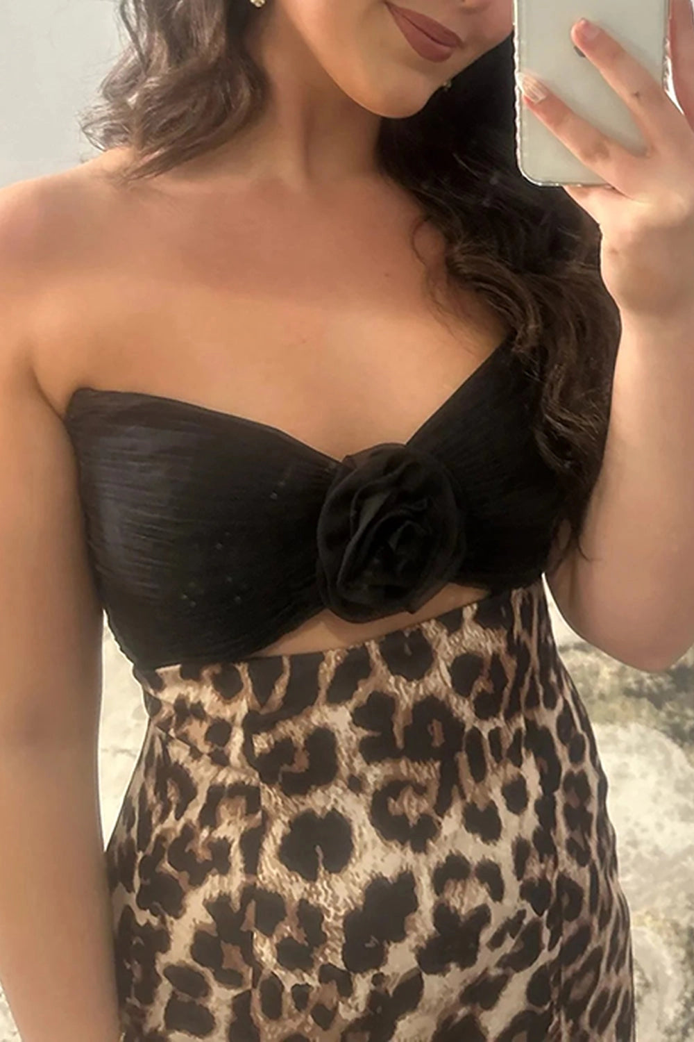 Chic Leopard Mermaid Strapless Sleeveless Plain‑Back Train Prom Dress