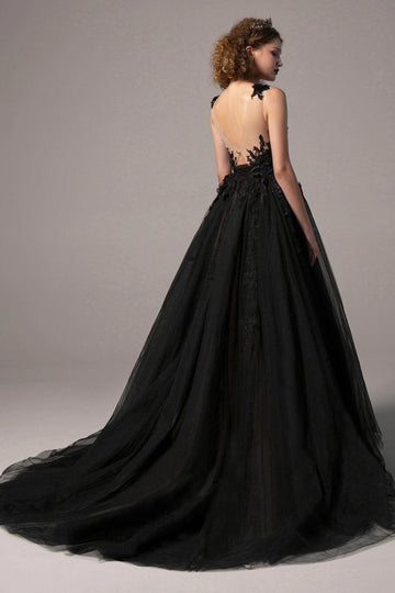 Vedress Black 3D Floral Illusion Low Back Gothic Ballgown Wedding Dress