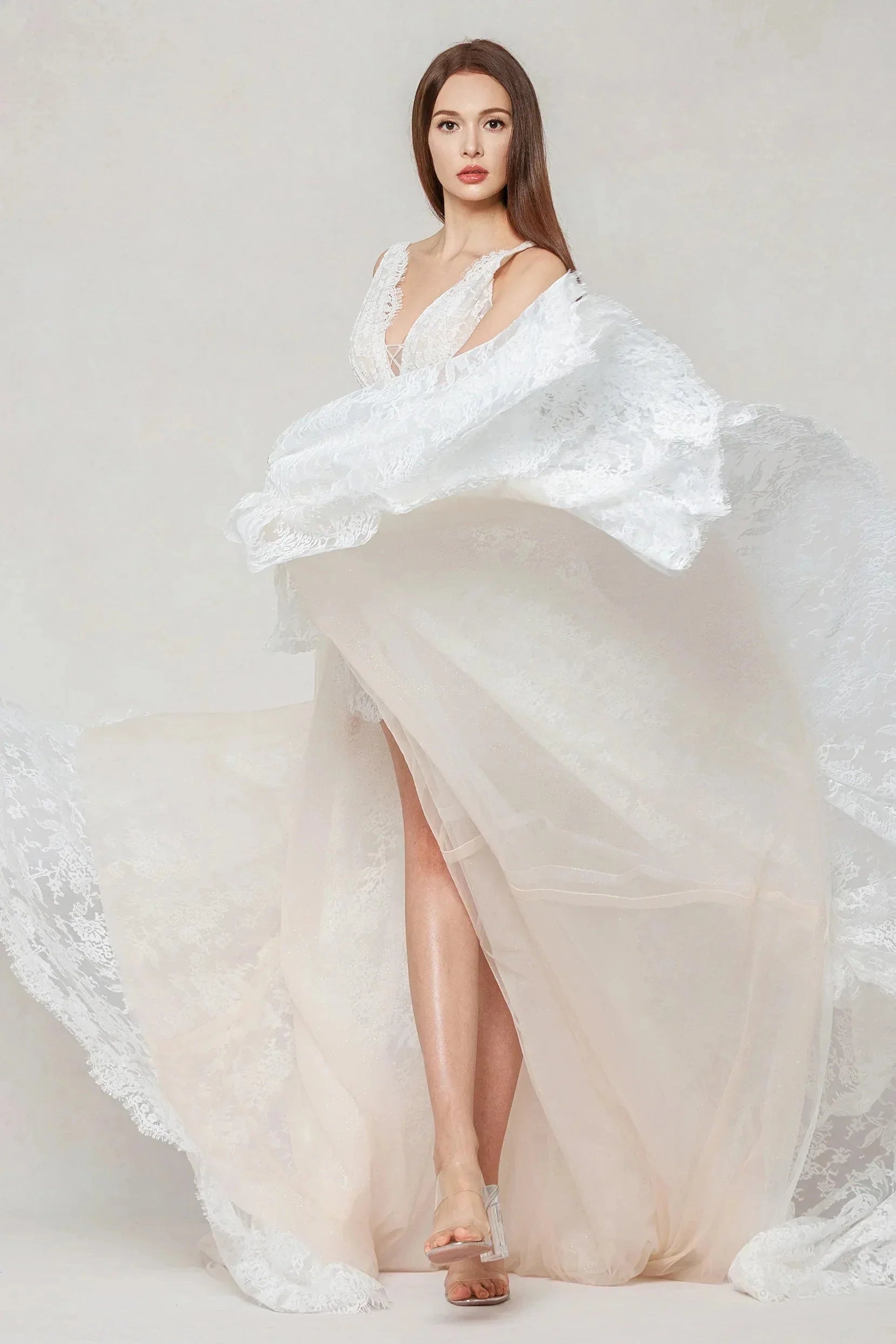 Romantic A-Line V Neck Sleeveless Zip Back Lace Wedding Dress With Train