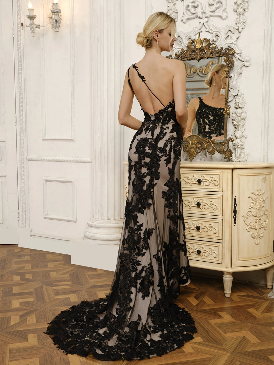 Gorgeous Mermaid One Shoulder Sleeveless Low Back Sweep Train Wedding Dress