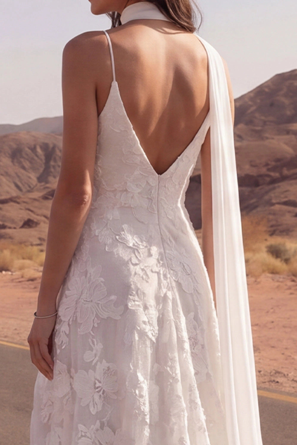 Boho 3D Floral A-Line Spaghetti Strap Deep V Low Back Front Slit Elopement Wedding Dress