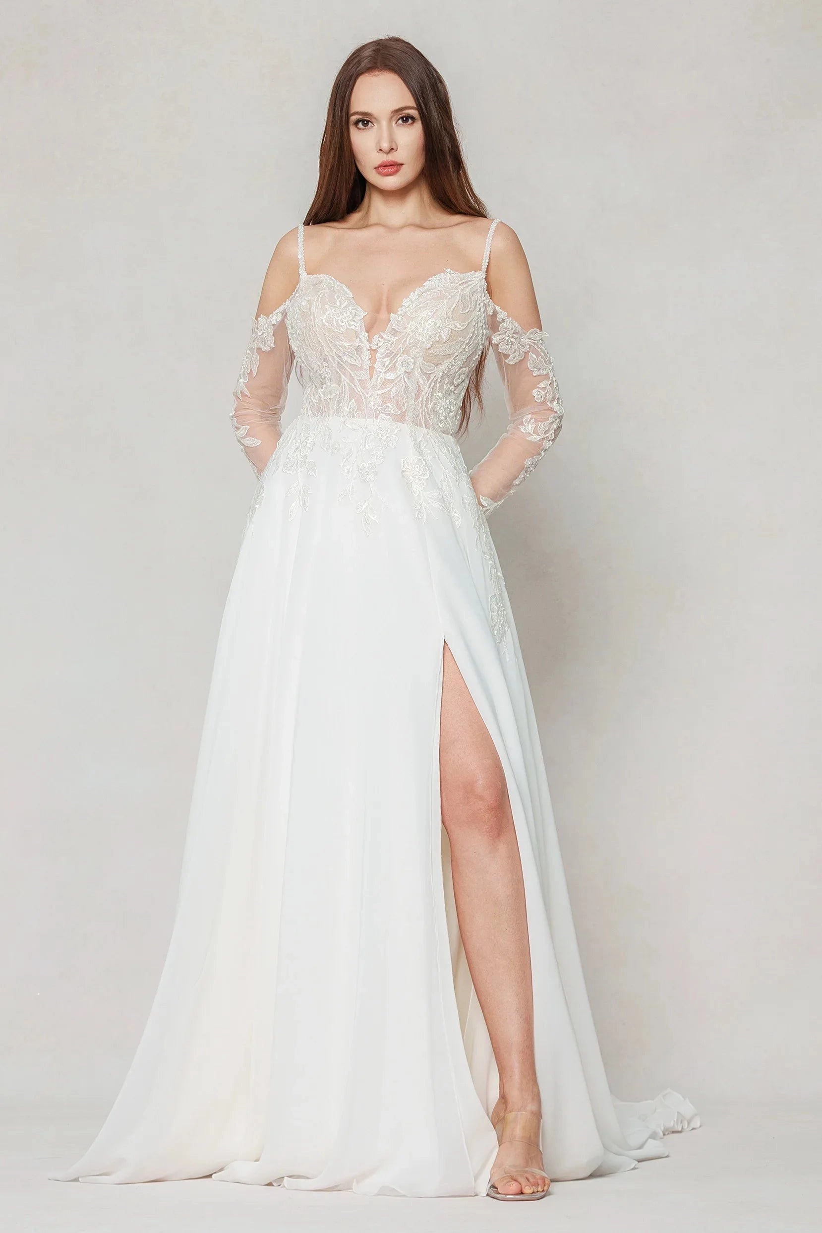 Romantic A-Line Deep V Spaghetti Strap Long Sleeve Low Back Court Train Bridal Wedding Dress