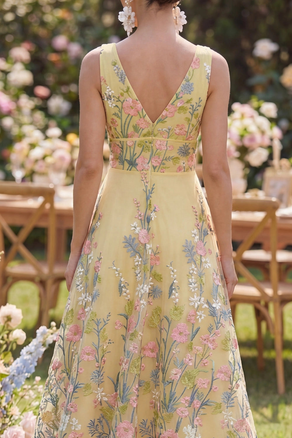 Yellow Floral A-Line Deep V Neck Sleeveless Double V Back Floor Length Prom Dress