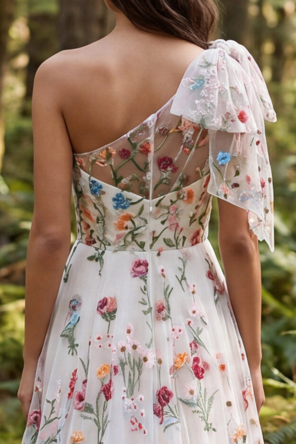 Romantic A-line One Shoulder Bow Sleeve Sheer Back Slit Train Bridesmaid Dress