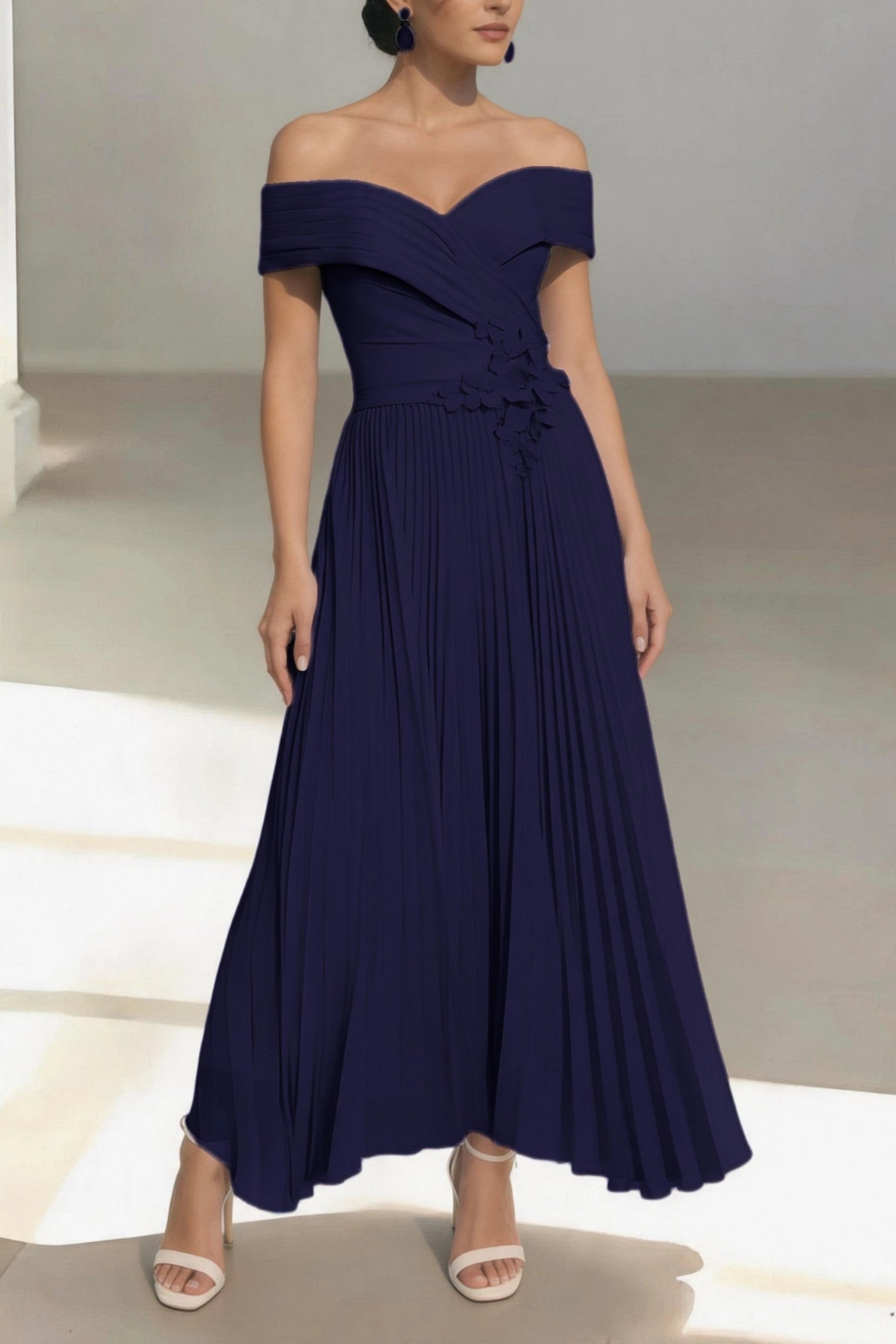 Romantic Pleated A-Line Off Shoulder Short Sleeve Zip Back Midi Mother Of The Bride Dress