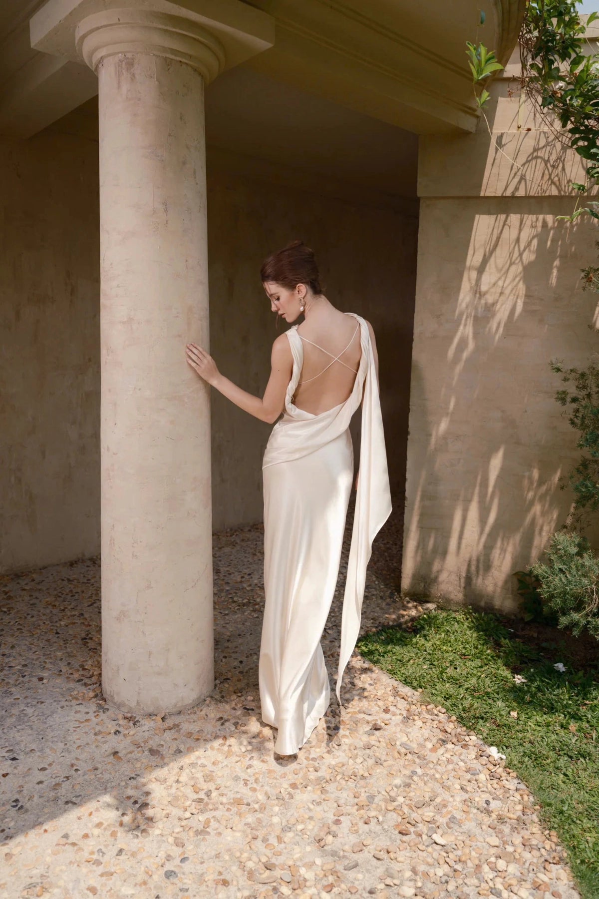 Elegant Mermaid Cowl Sleeveless Cross‑Draped‑Back Floor‑Length Wedding Dress