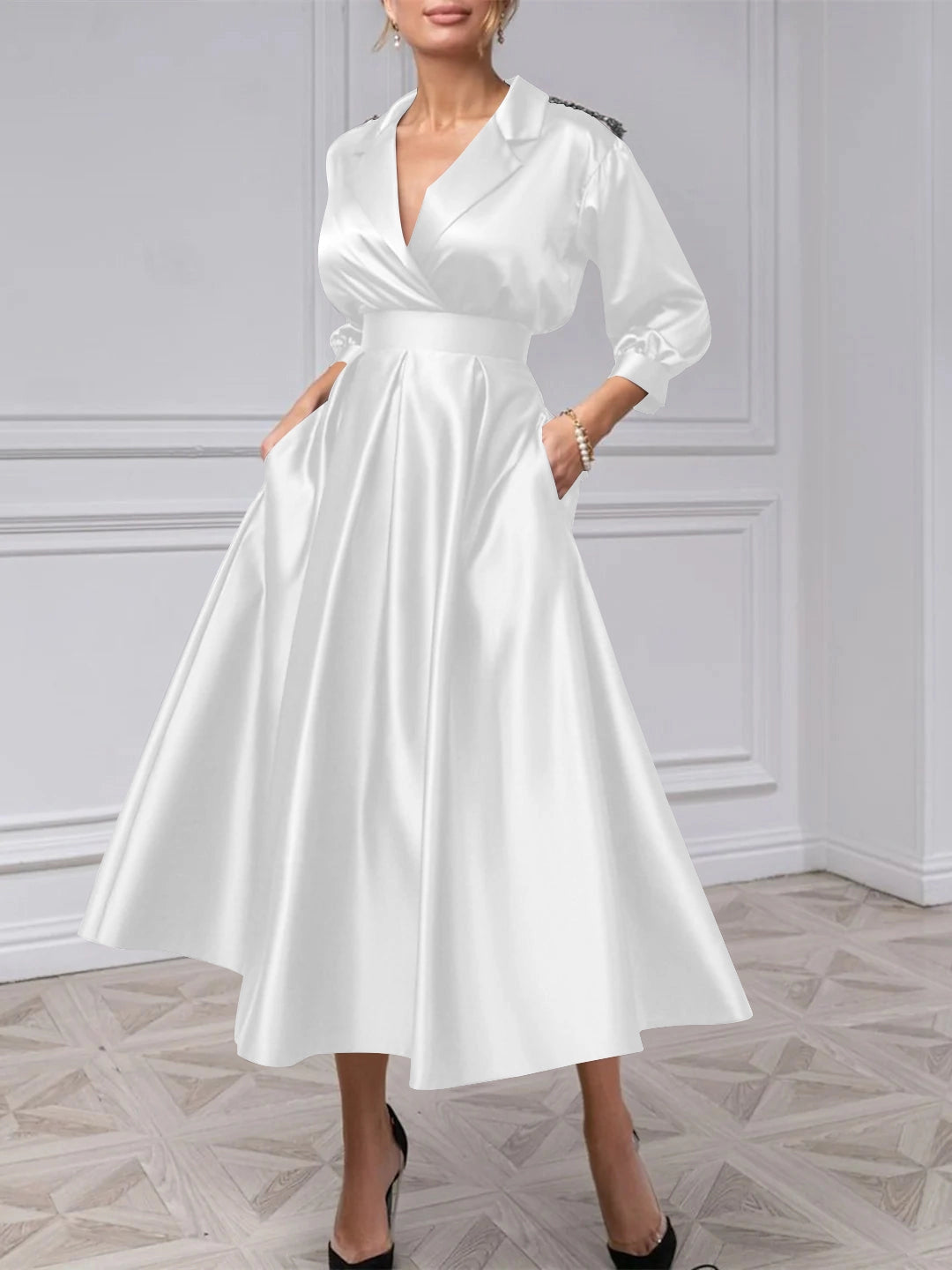 Sophisticated A‑Line Lapel‑V 3/4‑Sleeve Tie‑Back Midi Mother Of The Bride Dress