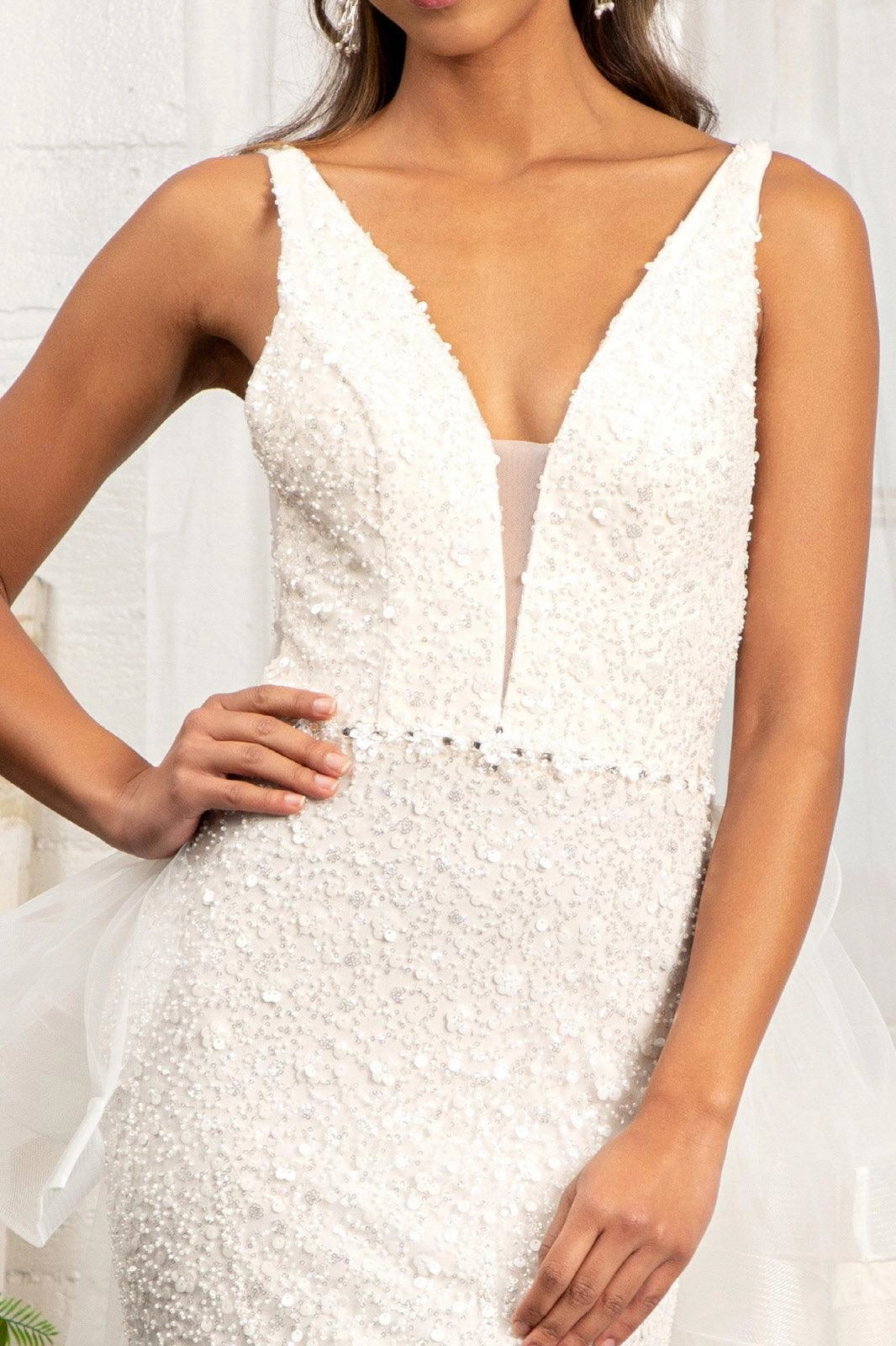 Glam Mermaid V Neck Spaghetti Strap Low Back Detachable Ruffle Tulle Train Wedding Dress