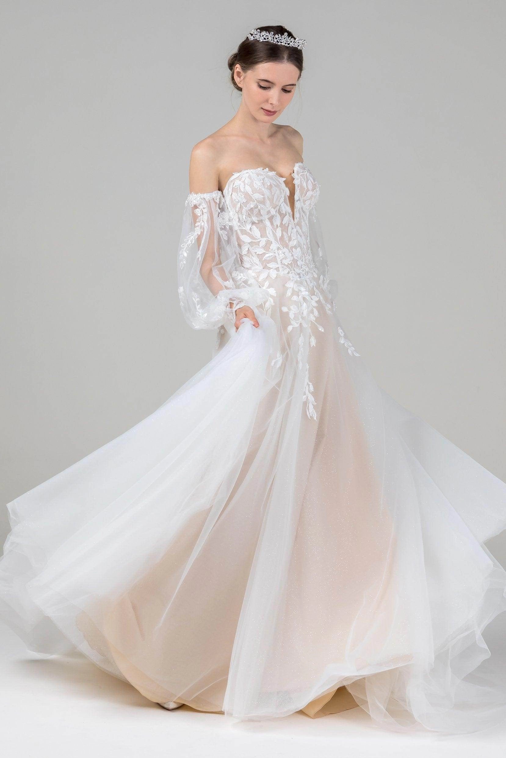 Soft Romantic A-Line Off Shoulder Puff Sleeve Lace Back Chapel Train Bridal Wedding Dress