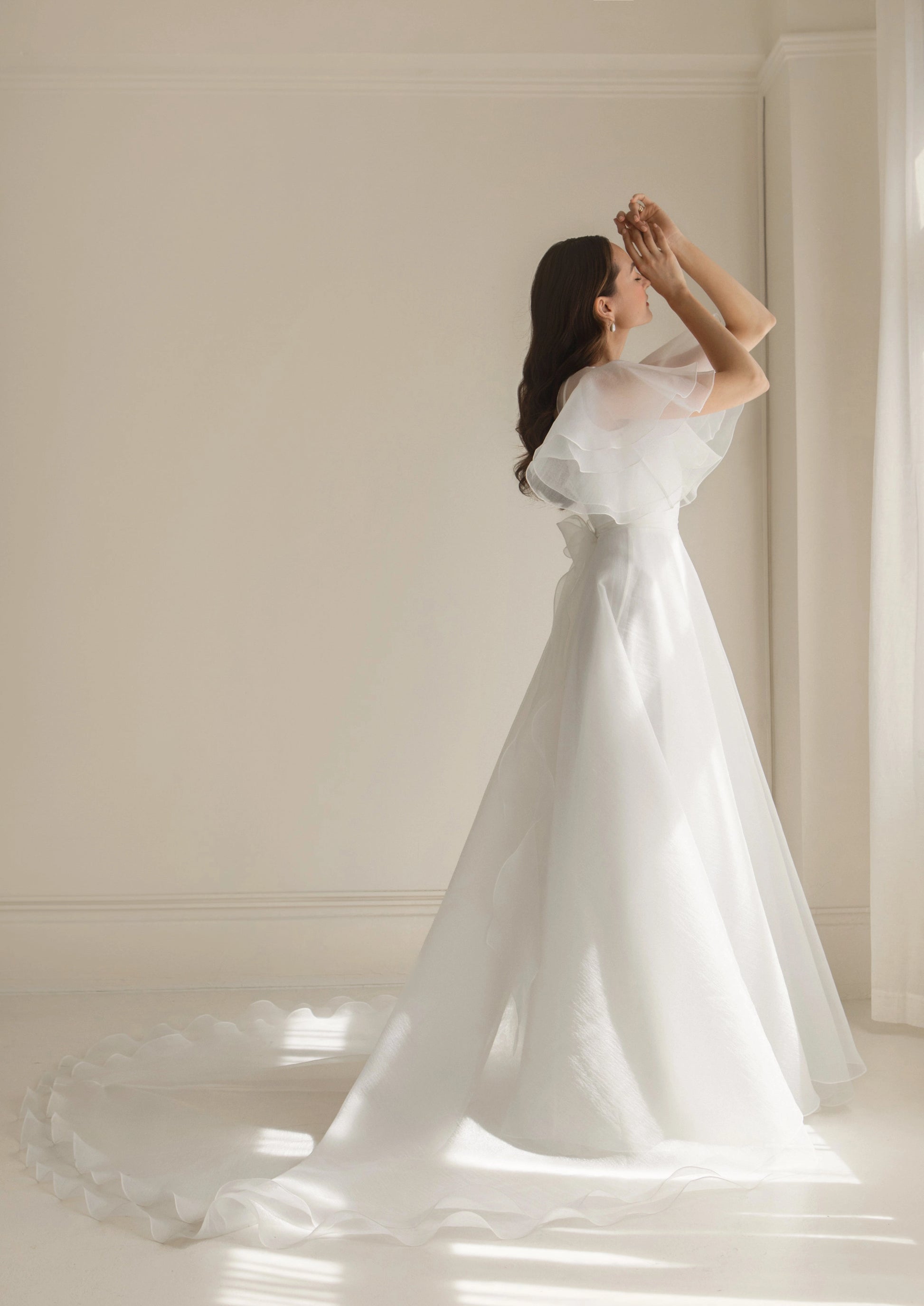 Sheer Boat Neck A-Line Flutter Sleeve Open Back Chapel Train Simple Wedding Bridal Gown