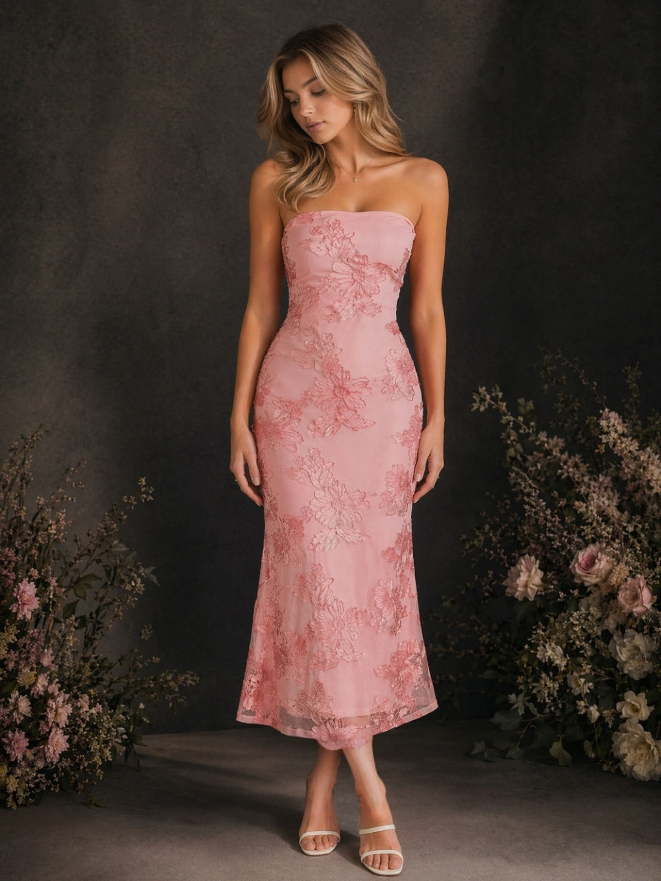 Romantic Sheath Straight Neck Strapless Closed-Back Midi Wedding Guest Dress