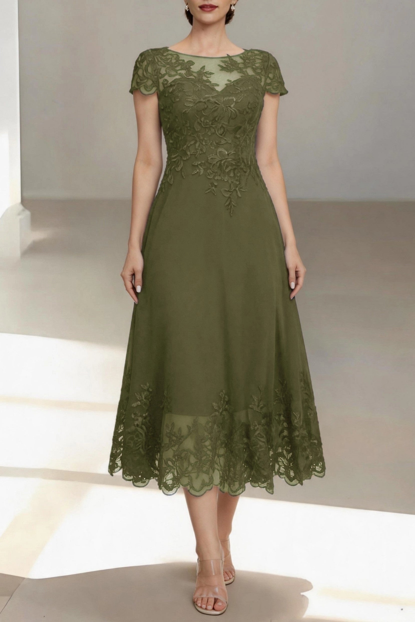 Modest A-Line Bateau Short Sleeve Zip Back Midi Mother Of The Bride Dress