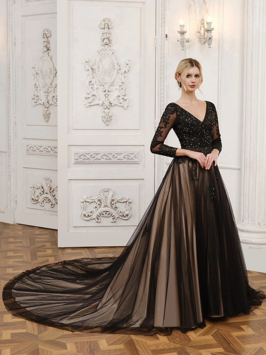 Elegant A Line V Neck Long Sleeve Lace Up Cathedral Train Wedding Dress