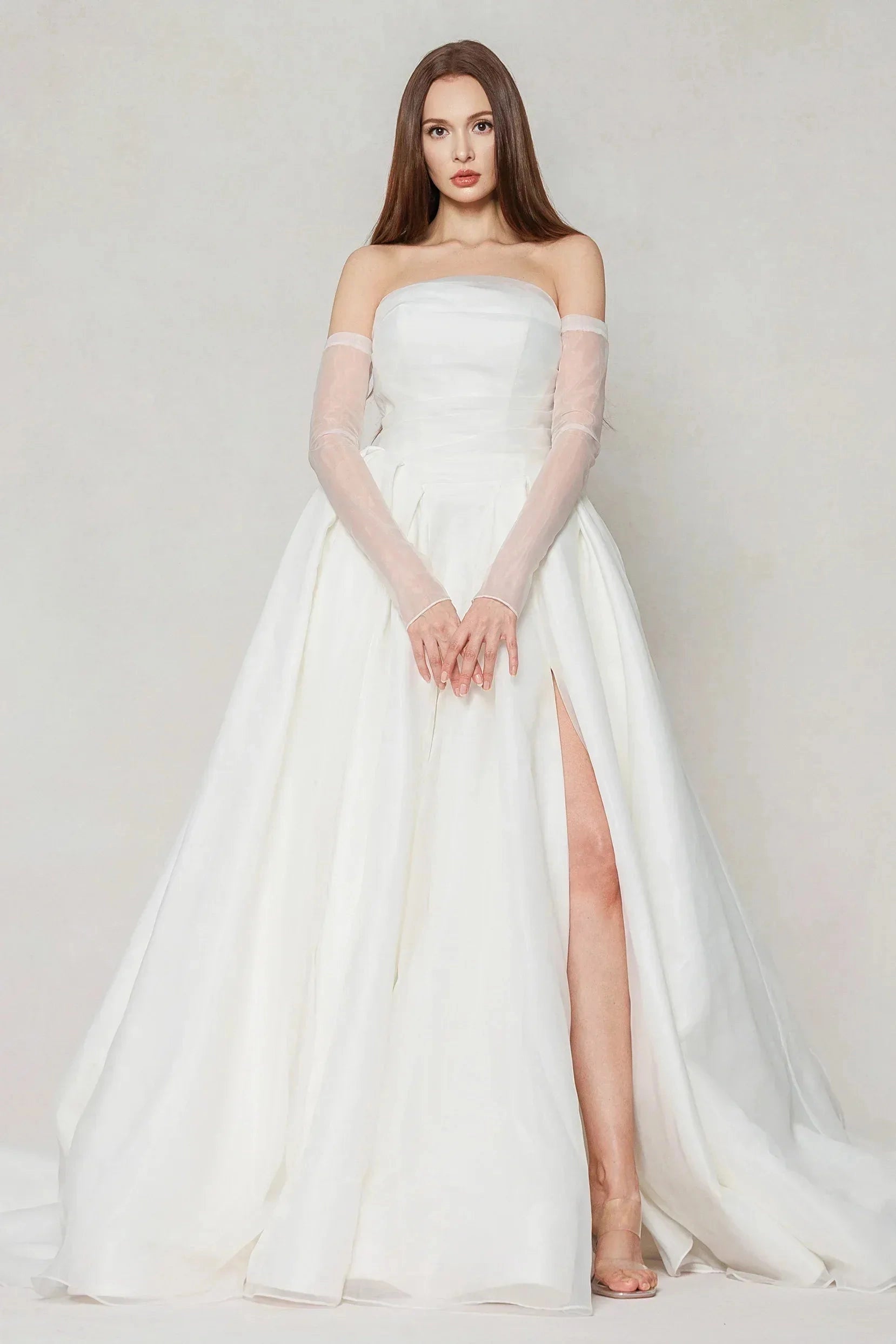 Elegant Ballgown Strapless Detachable Long Sleeve Plain Back Cathedral Train Bridal Wedding Dress